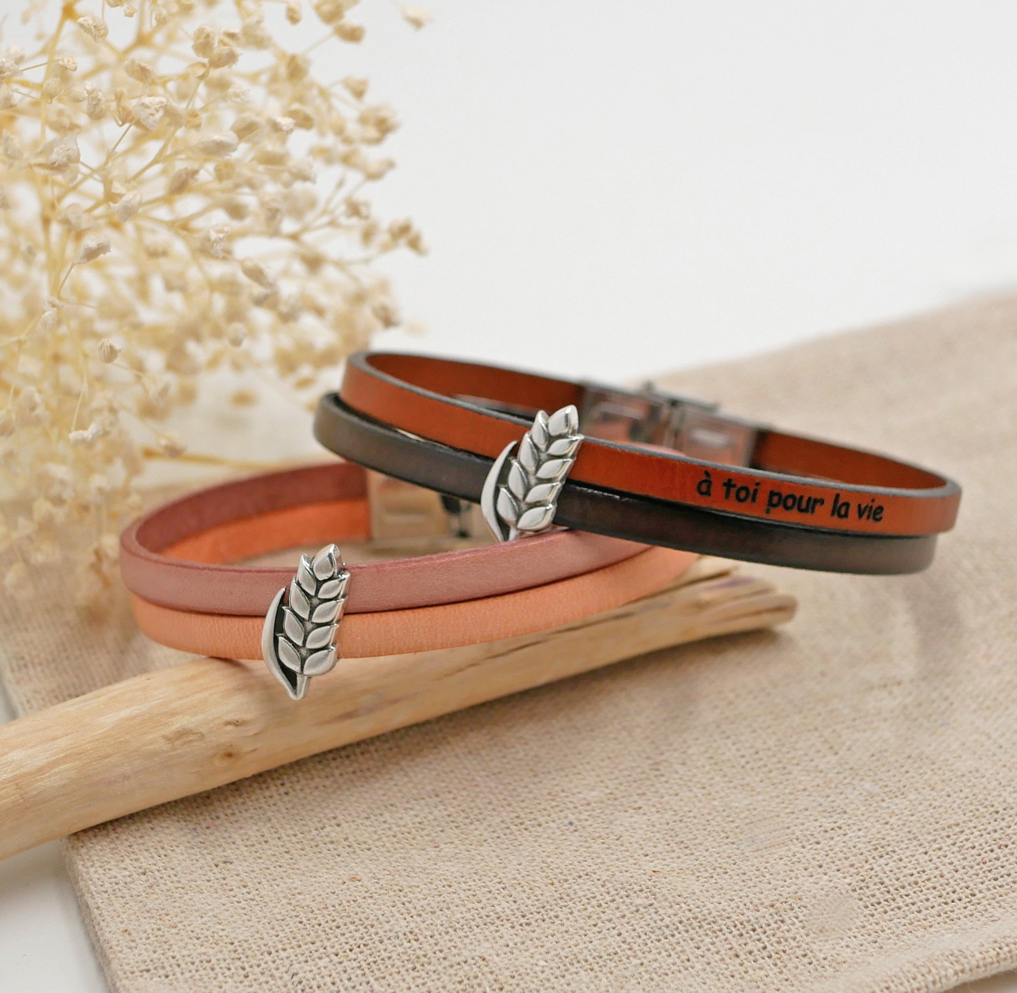 Leren duo armband en aanpasbare tarwe oorlus, man en vrouw tarwe bruiloft