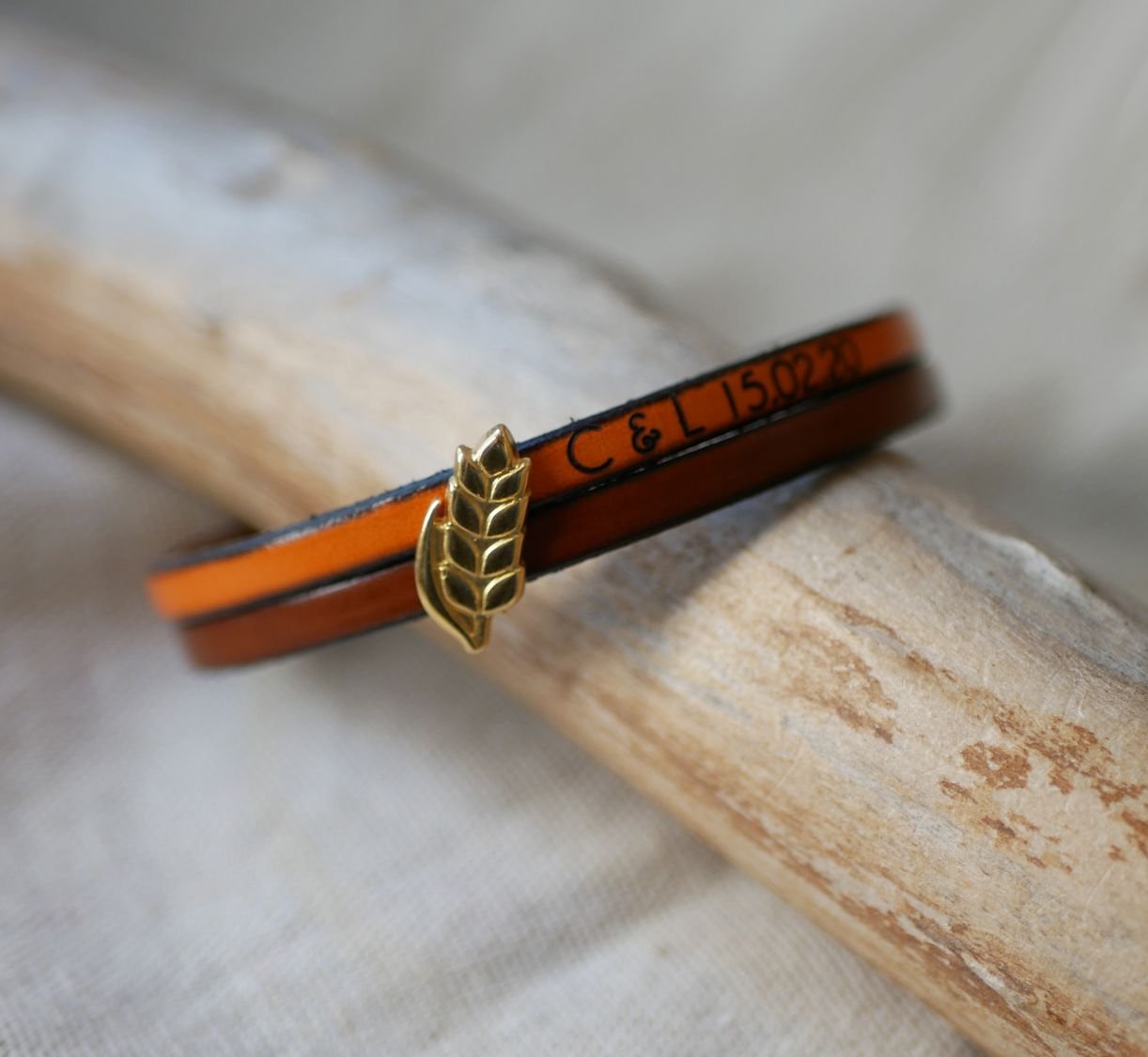 Leren duo armband en gouden tarwe oorlus, aanpasbaar, huwelijkscadeau voor vrouwen