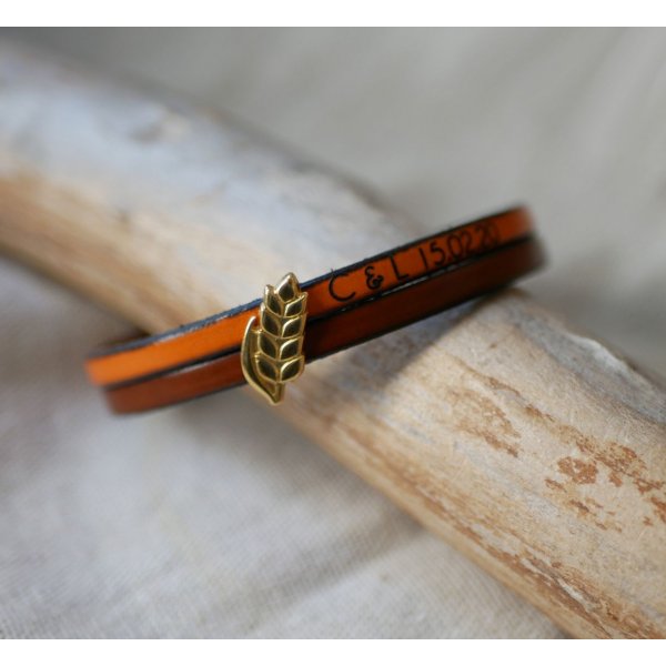 Leren duo armband en gouden tarwe oorlus, aanpasbaar, huwelijkscadeau voor vrouwen