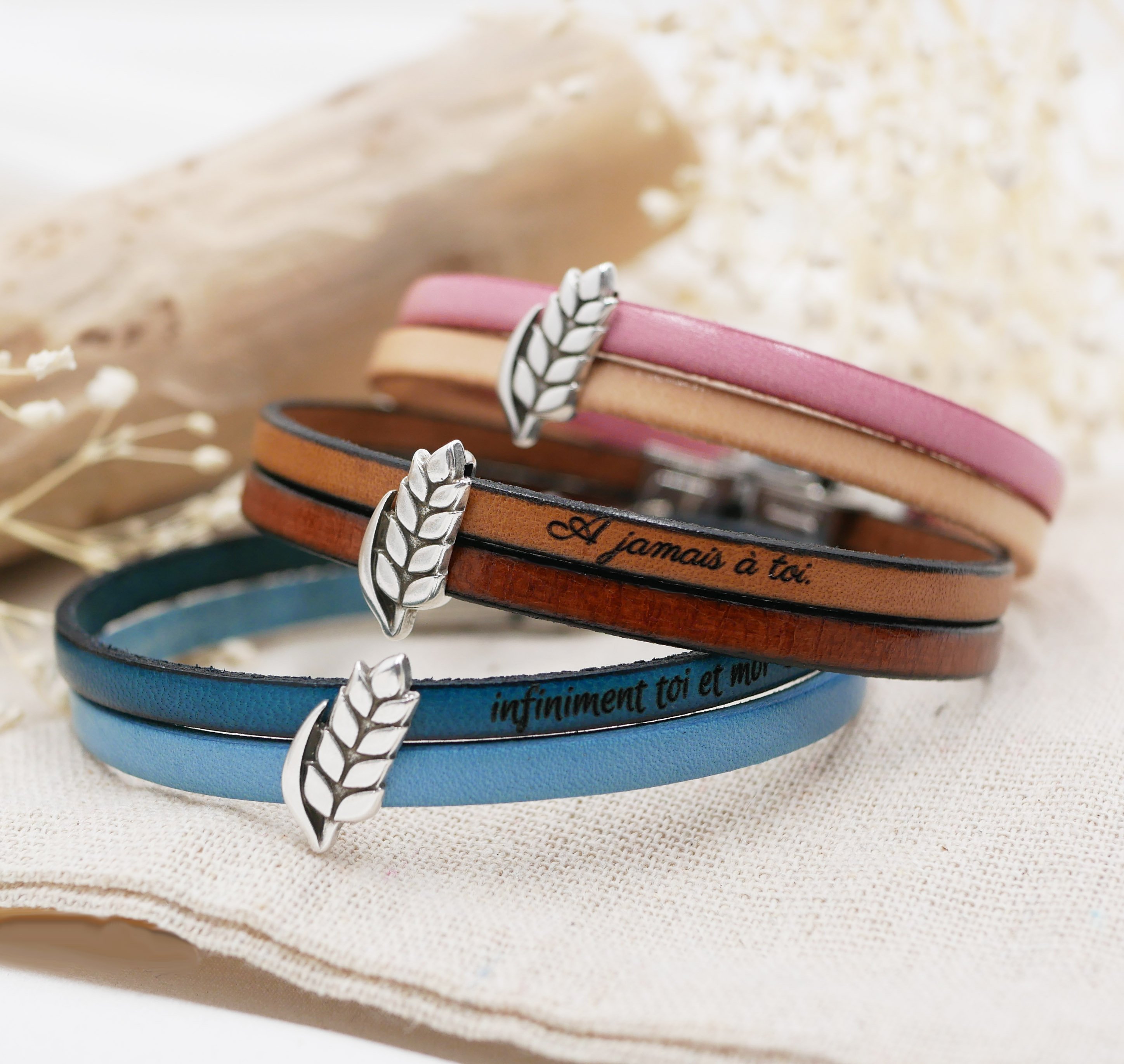 Leren duo armband en aanpasbare tarwe oorlus, man en vrouw tarwe bruiloft