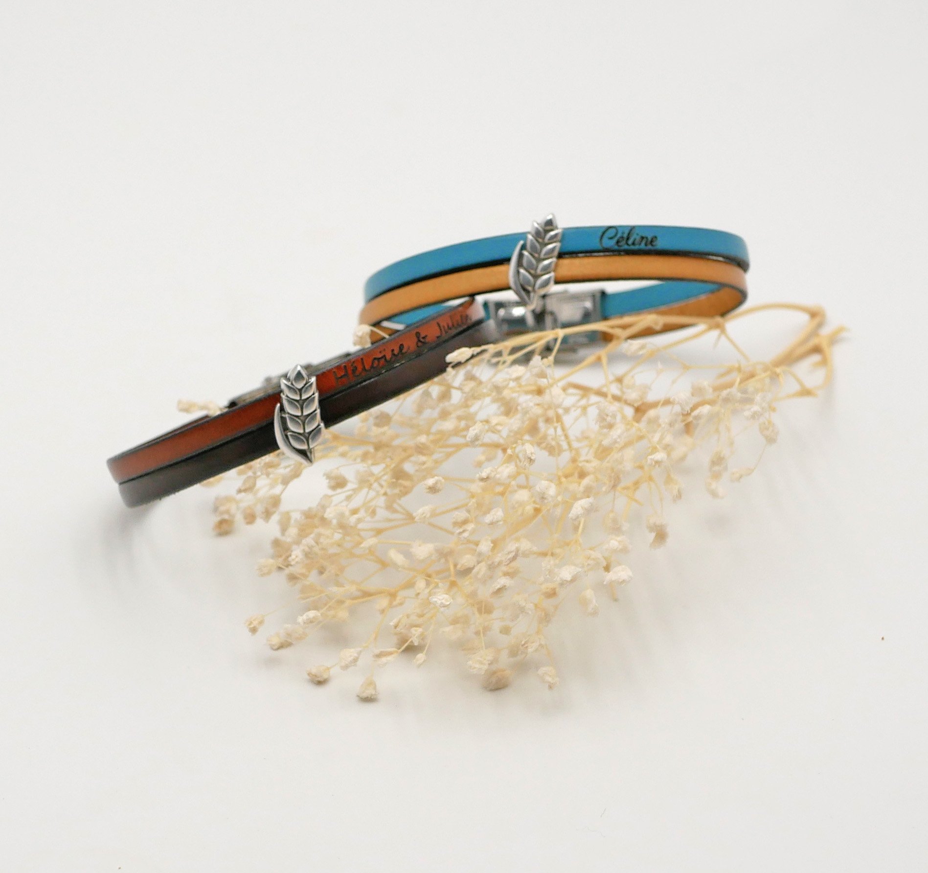 Leren duo armband en aanpasbare tarwe oorlus, man en vrouw tarwe bruiloft