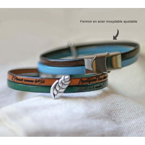 Leren duo armband en aanpasbare tarwe oorlus, man en vrouw tarwe bruiloft