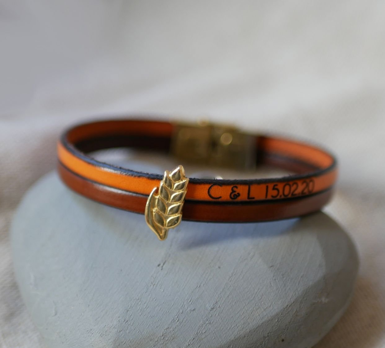 Leren duo armband en gouden tarwe oorlus, aanpasbaar, huwelijkscadeau voor vrouwen