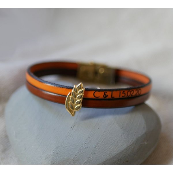 Leren duo armband en gouden tarwe oorlus, aanpasbaar, huwelijkscadeau voor vrouwen