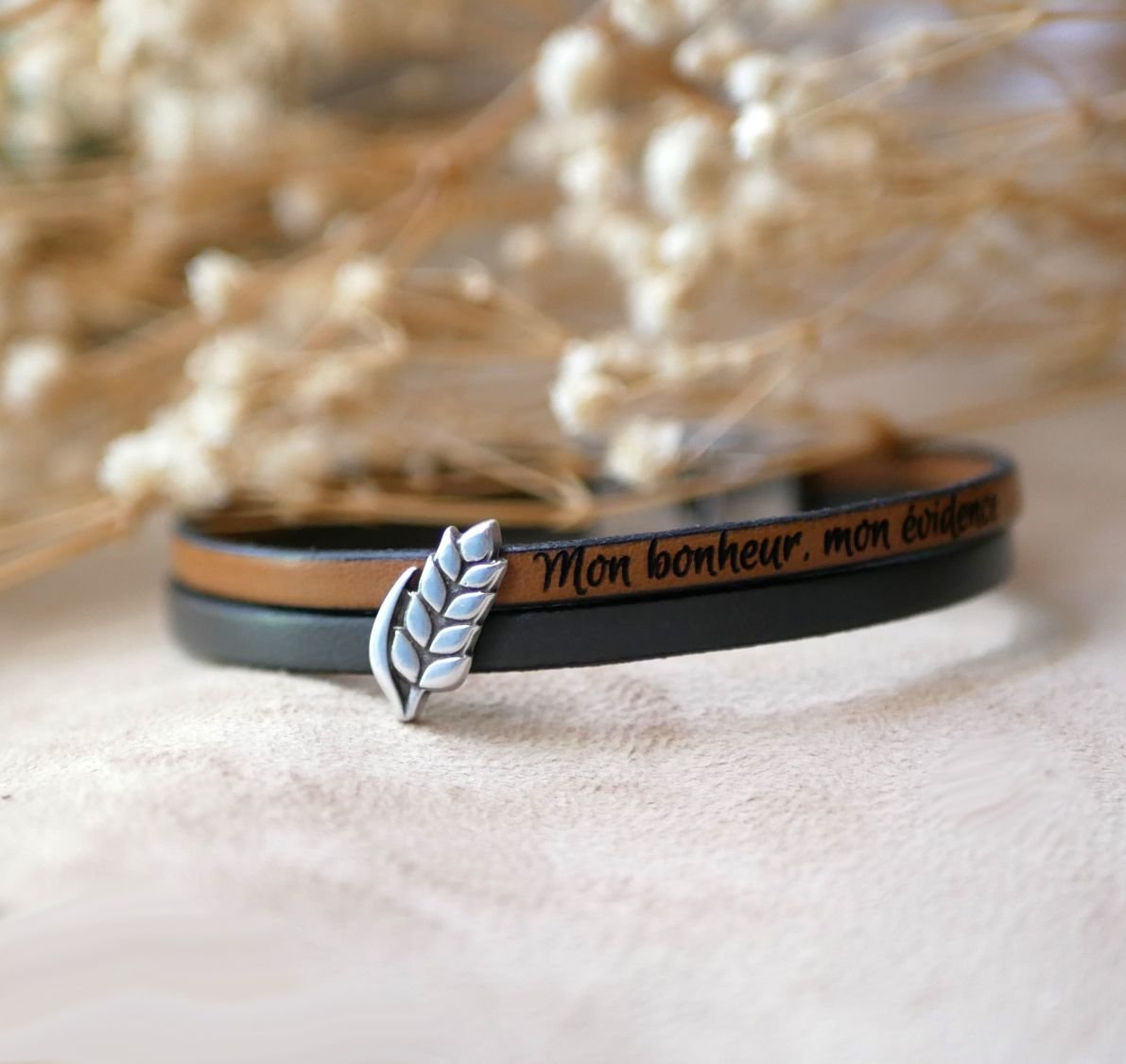 Leren duo armband en aanpasbare tarwe oorlus, man en vrouw tarwe bruiloft
