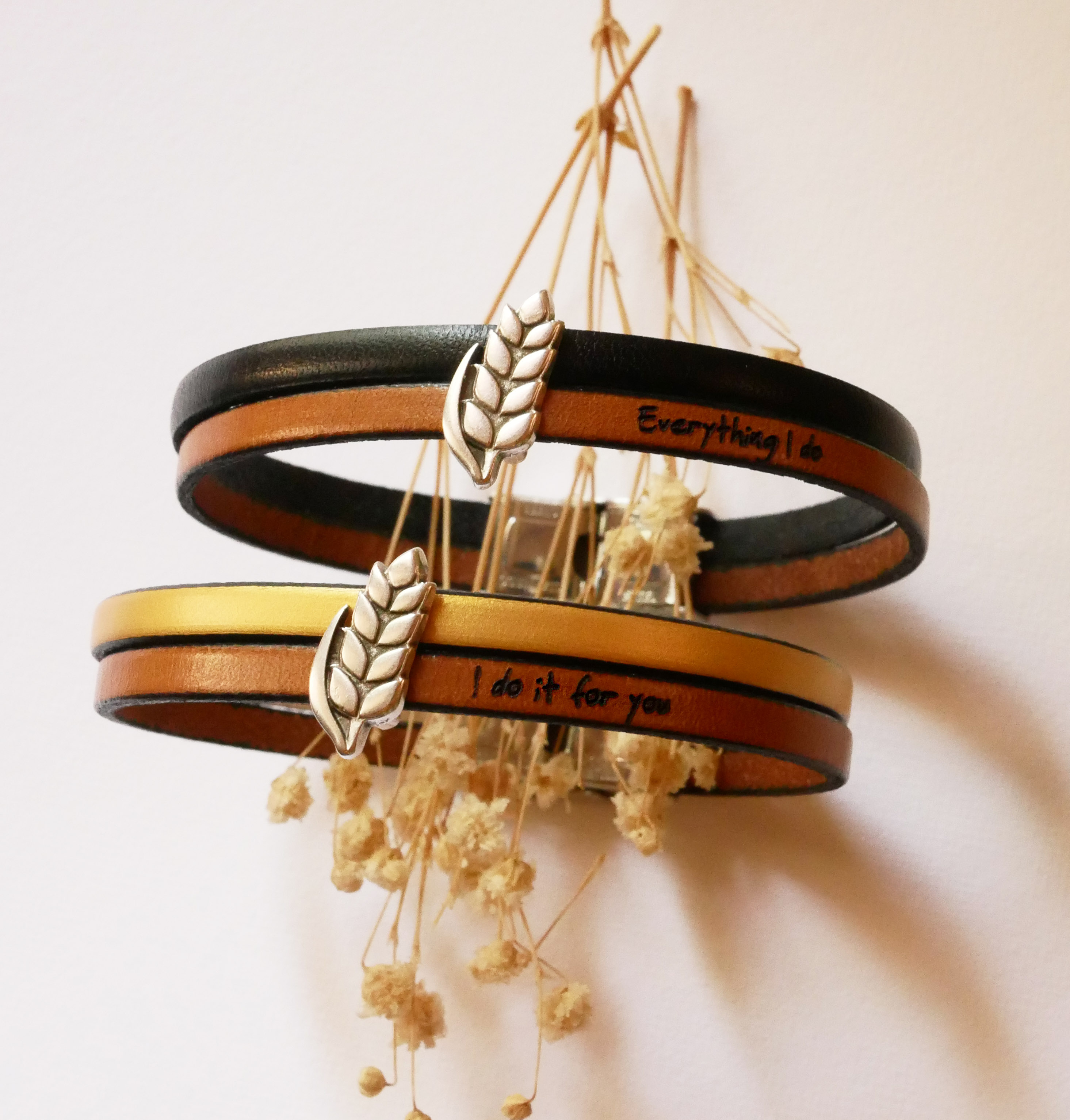 Leren duo armband en aanpasbare tarwe oorlus, man en vrouw tarwe bruiloft