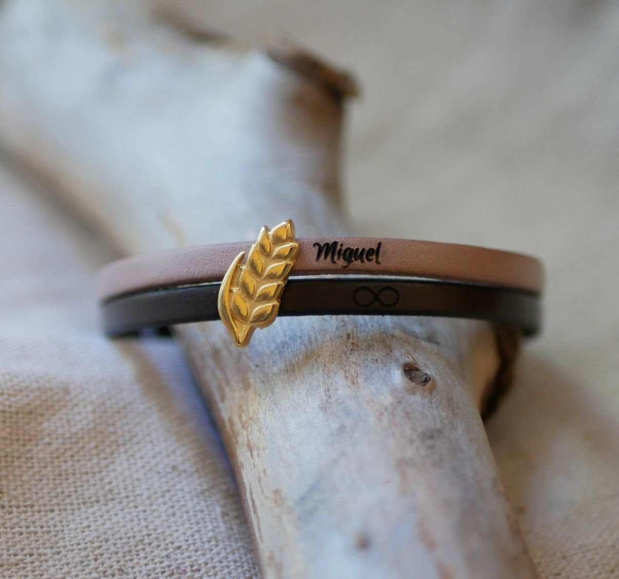 Leren duo armband en gouden tarwe oorlus, aanpasbaar, huwelijkscadeau voor vrouwen