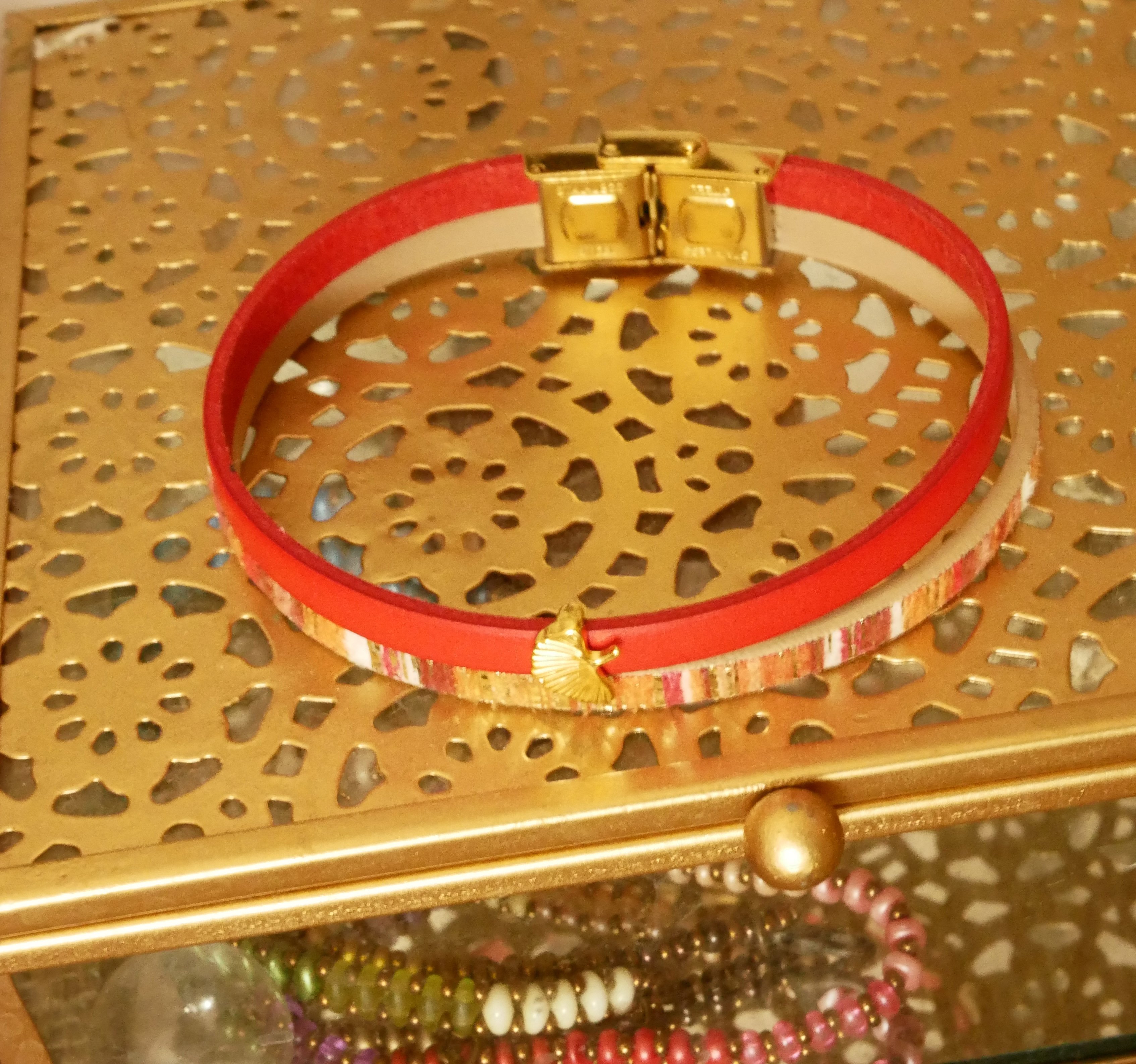 Rouget lederen duo-armband met gouden glitter en Gingko-dessin  