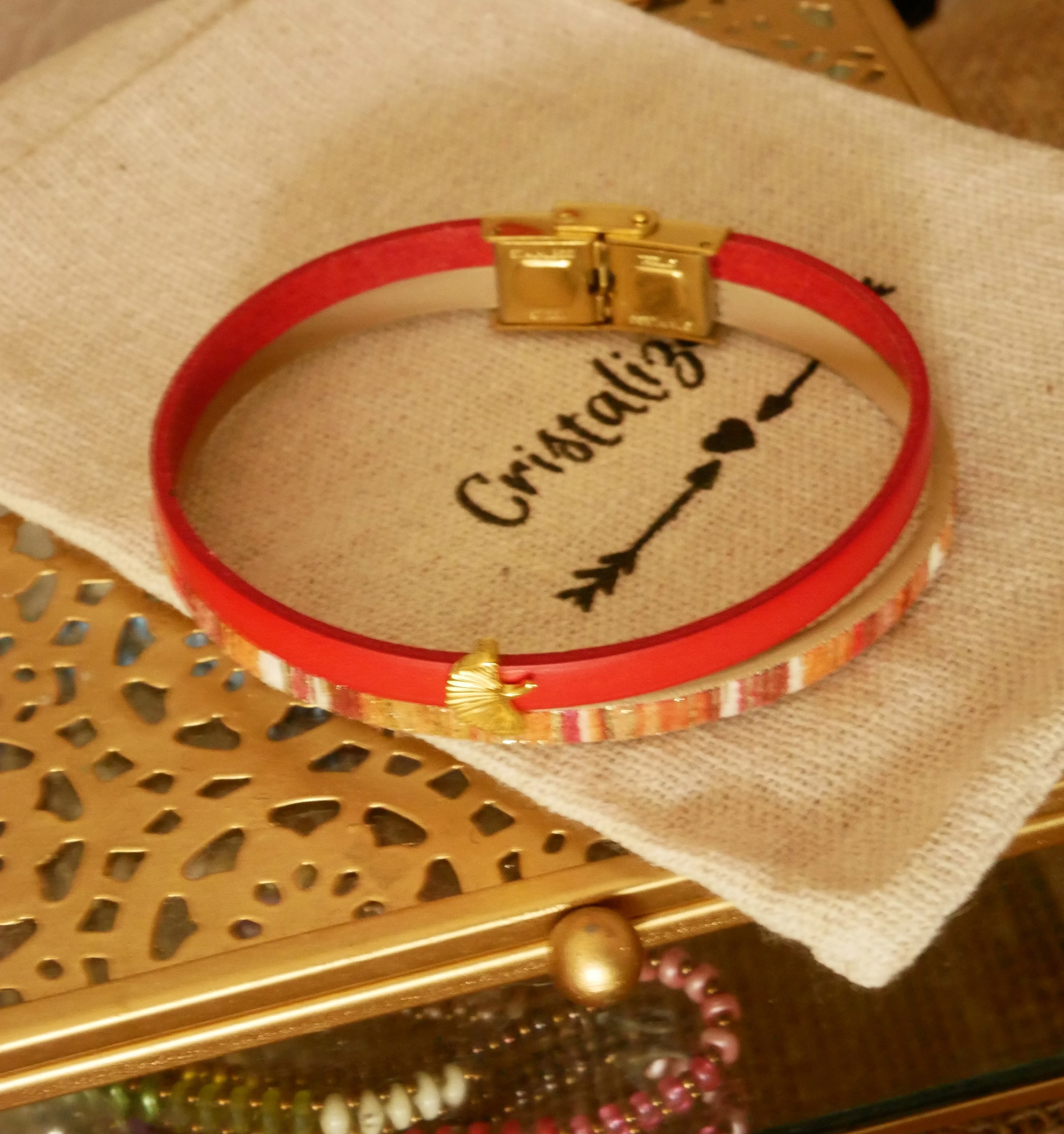 Rouget lederen duo-armband met gouden glitter en Gingko-dessin  
