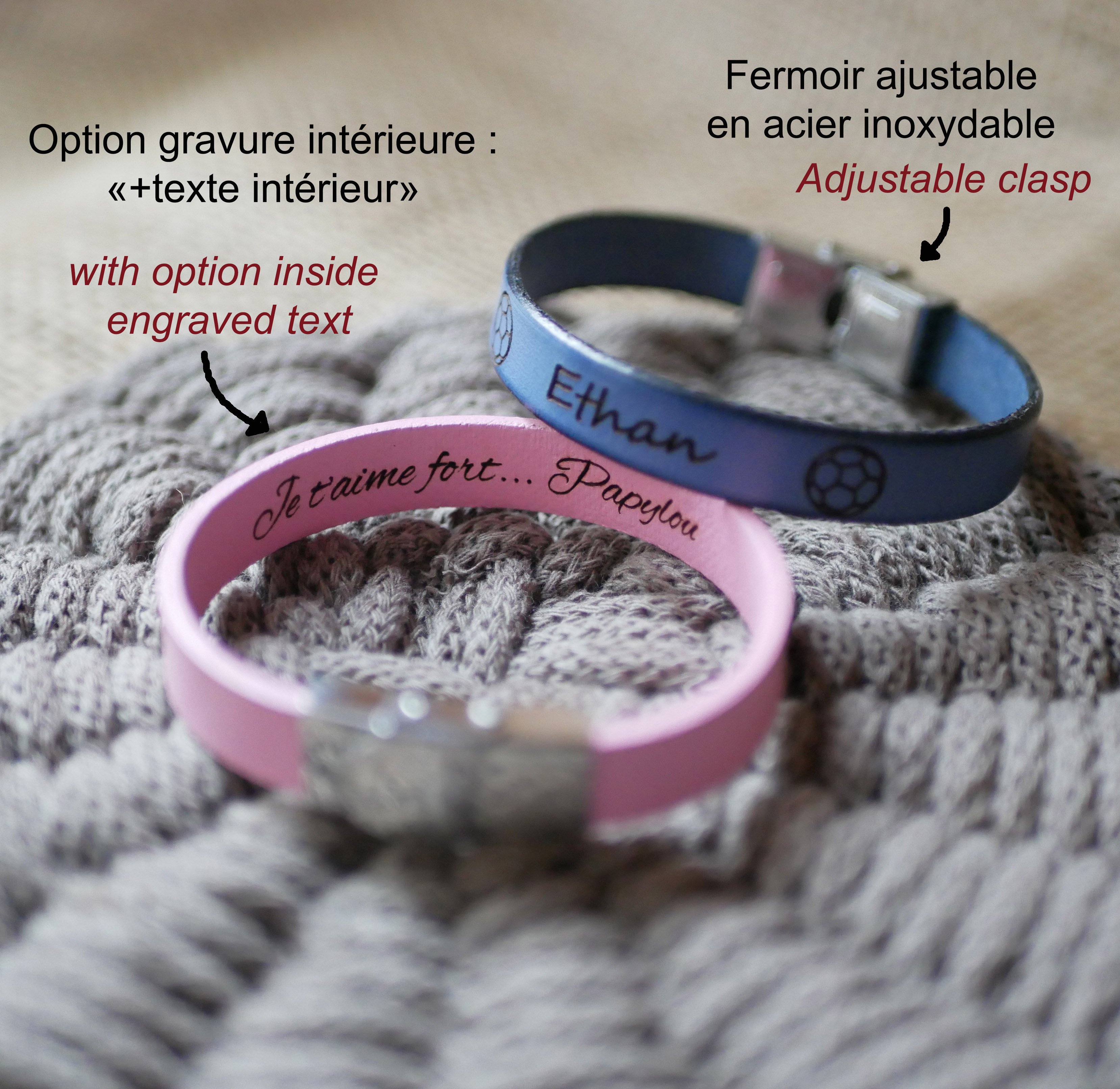 Gepersonaliseerde lederen armband voor kinderen gegraveerd met een voornaam omlijst met tekeningen naar keuze