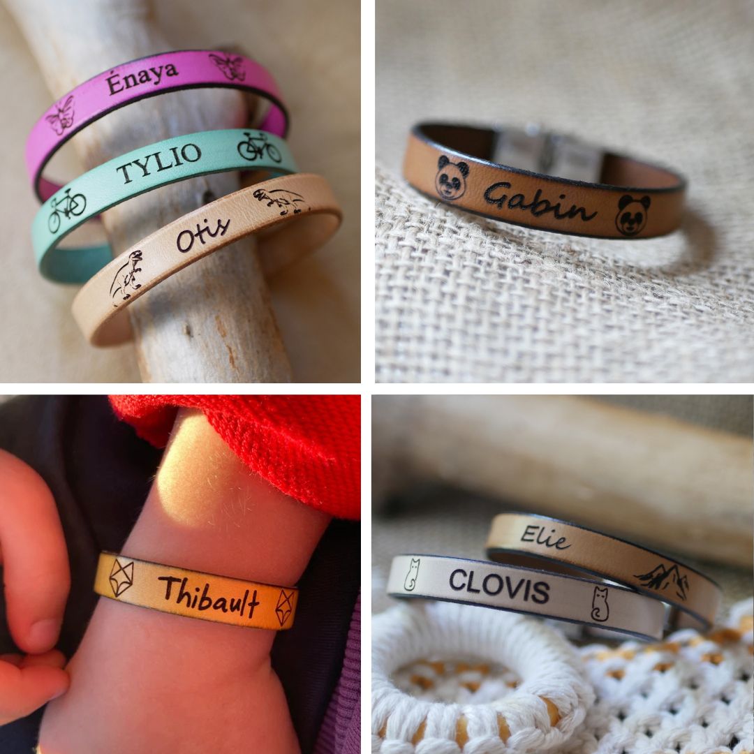 Gepersonaliseerde lederen armband voor kinderen gegraveerd met een voornaam omlijst met tekeningen naar keuze