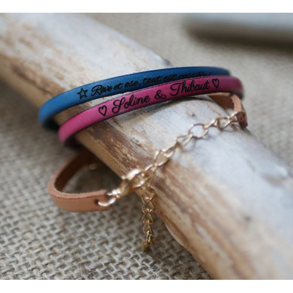 Lederen armband voor vrouwen te personaliseren door gravure met gouden ketting