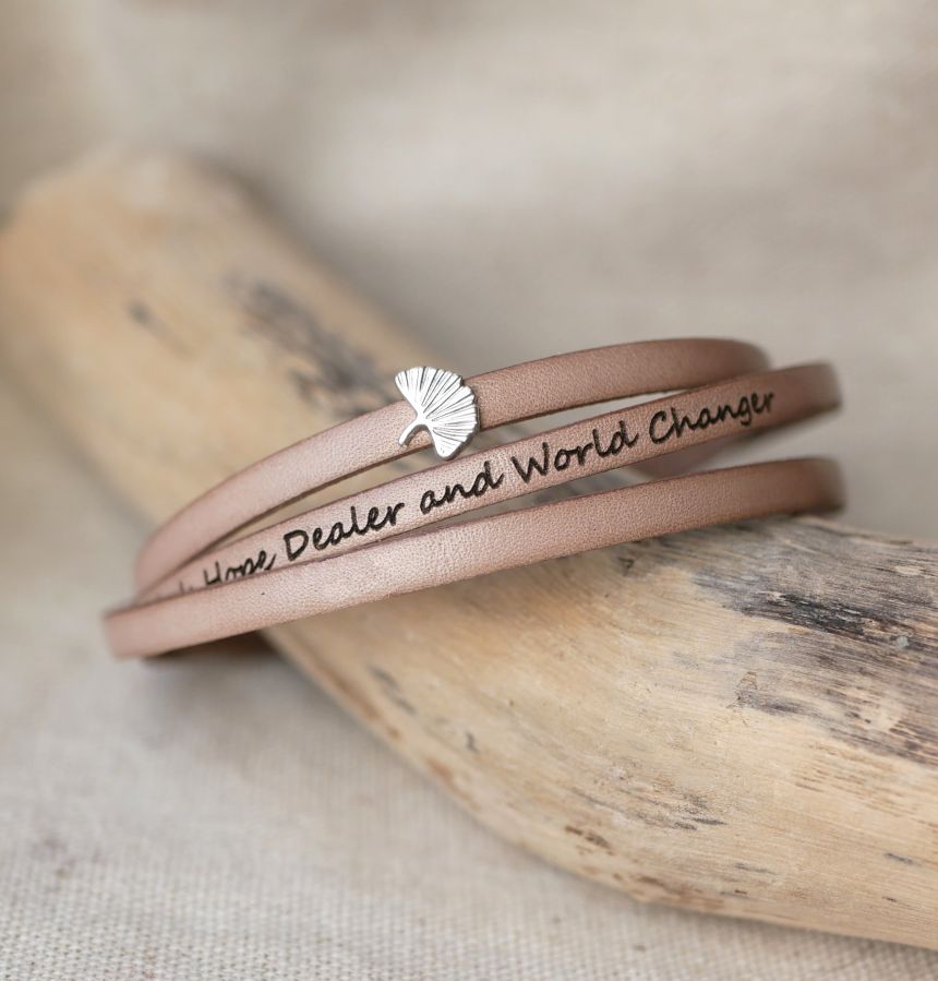 Leren armband vrouw multi-tours Ginkgo blad zilver gepersonaliseerd 