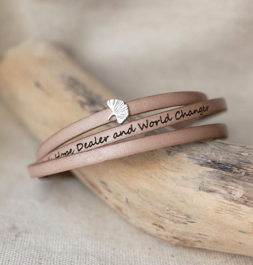 Leren armband vrouw multi-tours Ginkgo blad zilver gepersonaliseerd 