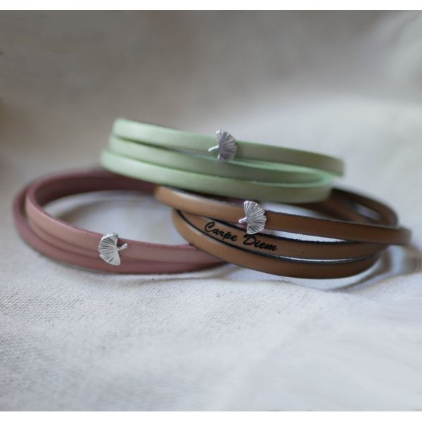 Leren armband vrouw multi-tours Ginkgo blad zilver gepersonaliseerd 