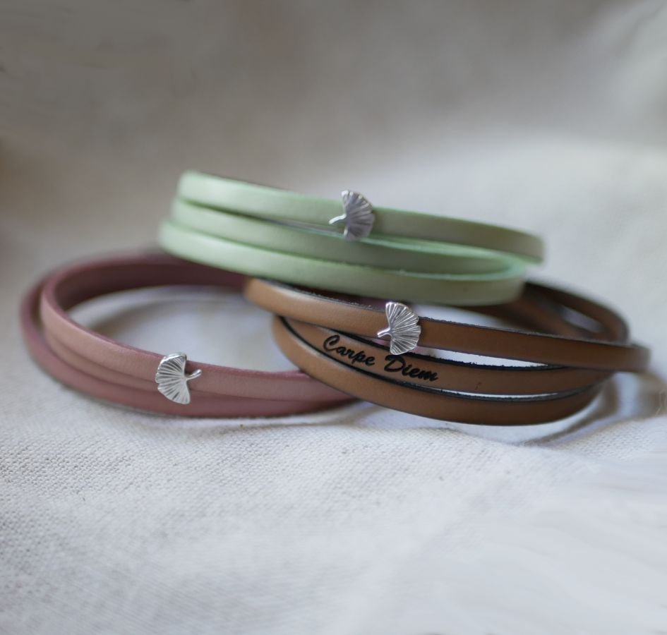 Leren armband vrouw multi-tours Ginkgo blad zilver gepersonaliseerd 