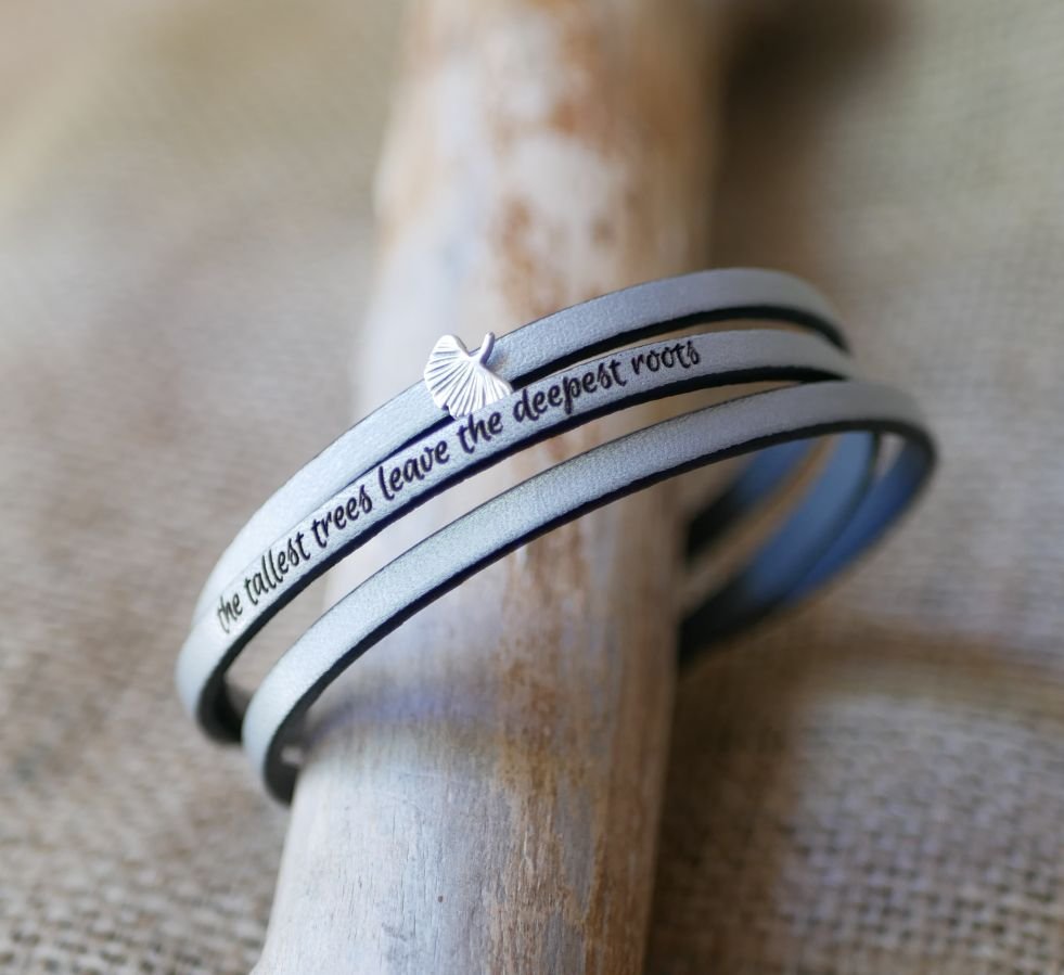 Leren armband vrouw multi-tours Ginkgo blad zilver gepersonaliseerd 
