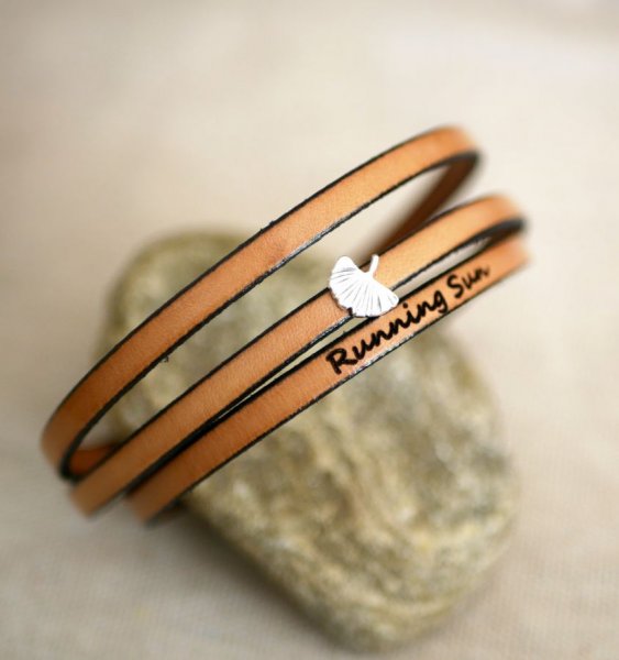 Leren armband vrouw multi-tours Ginkgo blad zilver gepersonaliseerd 