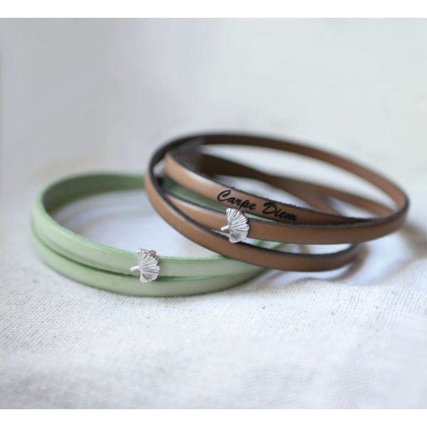 Leren armband vrouw multi-tours Ginkgo blad zilver gepersonaliseerd 