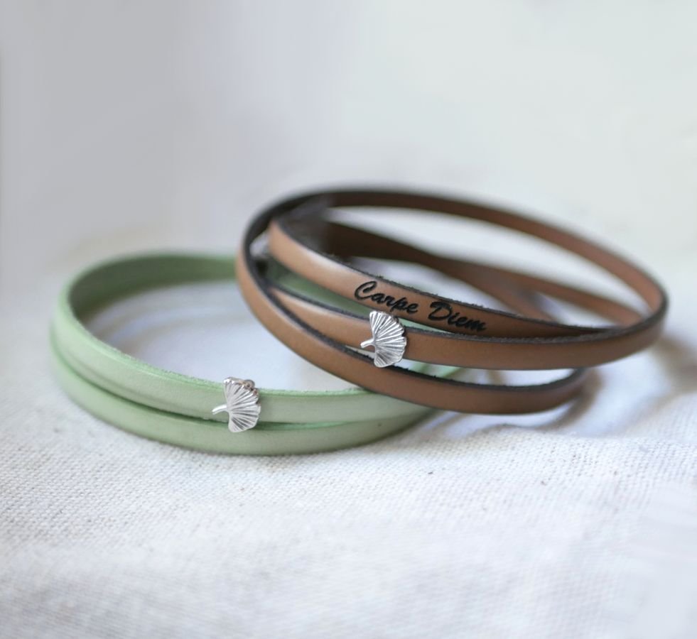 Leren armband vrouw multi-tours Ginkgo blad zilver gepersonaliseerd 