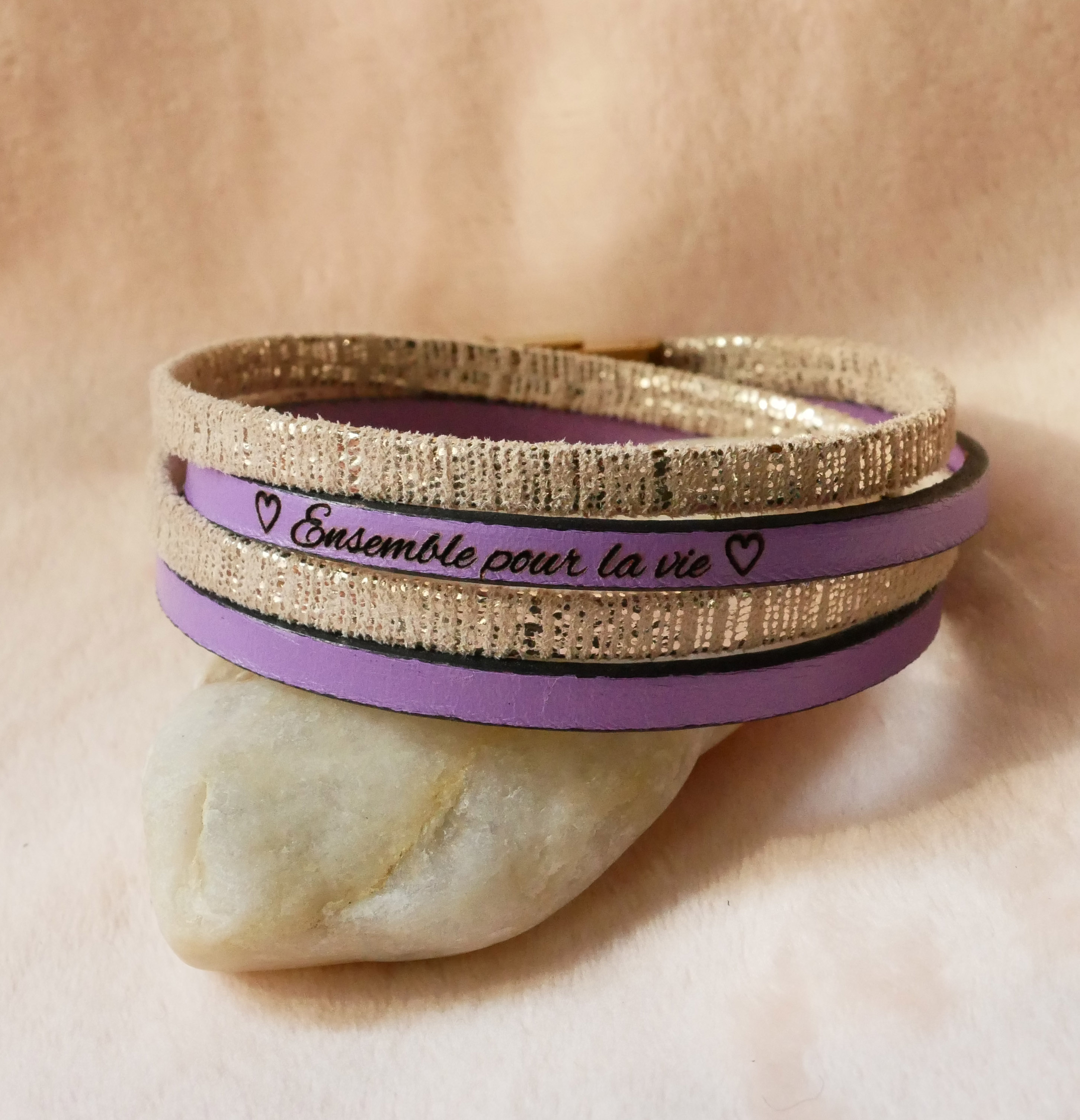 Dubbele gouden leren armband voor dames om te personaliseren door gravure