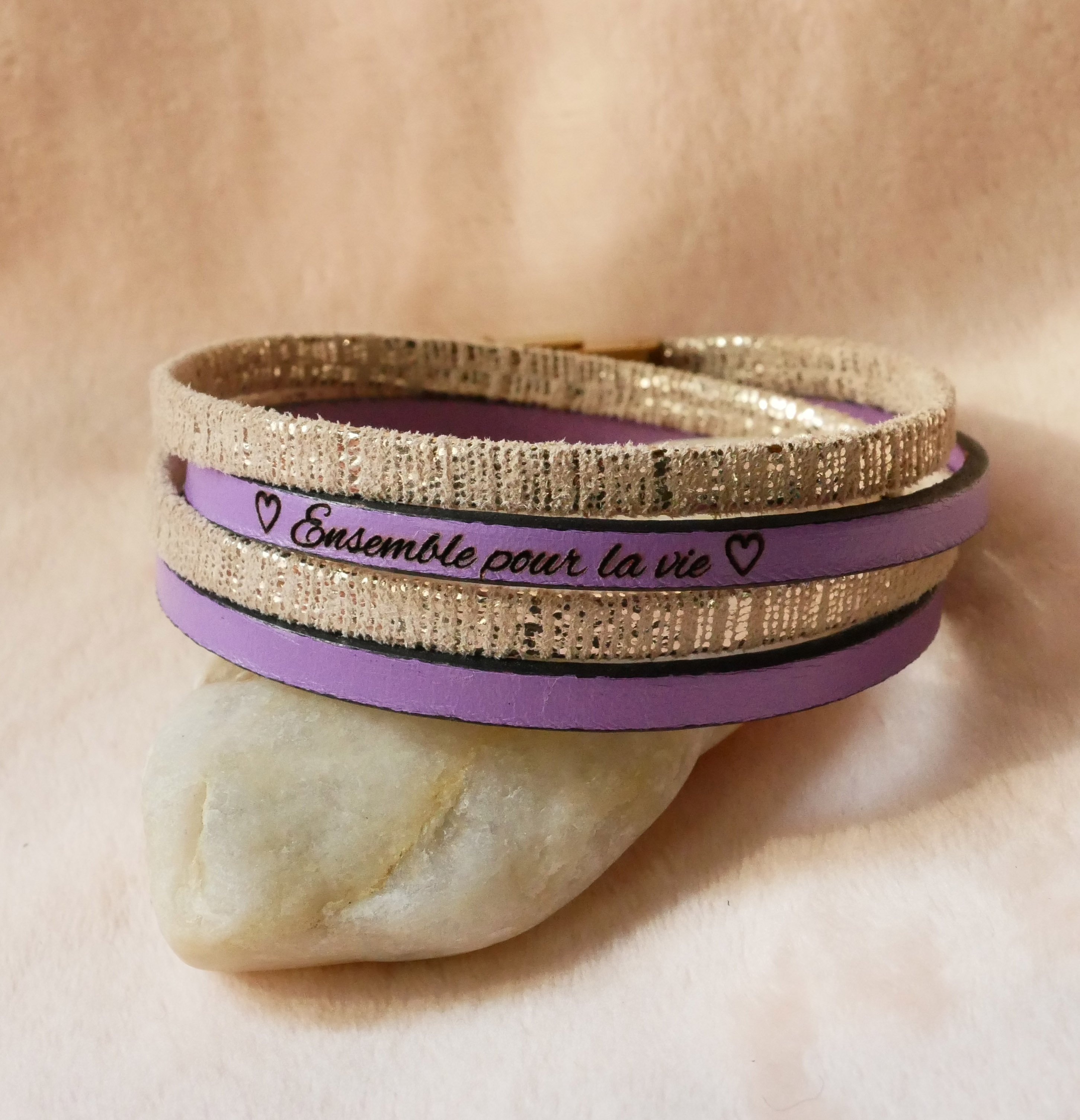 Dubbele gouden leren armband voor dames om te personaliseren door gravure