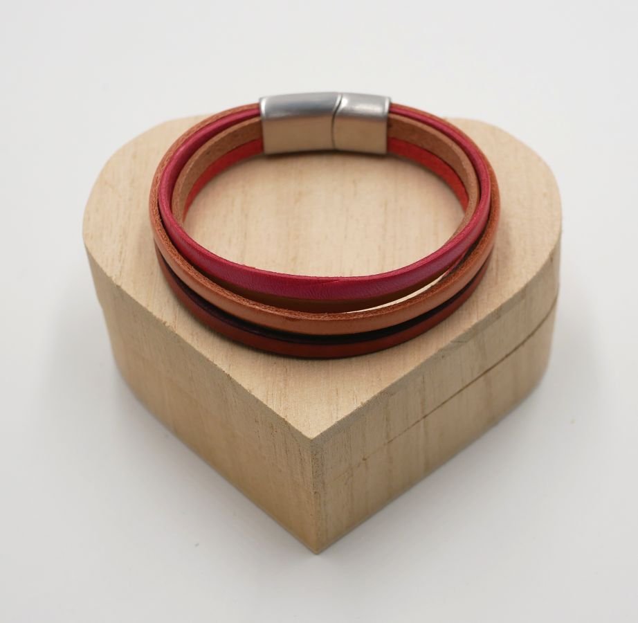 Multi-leren damesarmband in manchet Rood, Perzik, Koraal, Beige