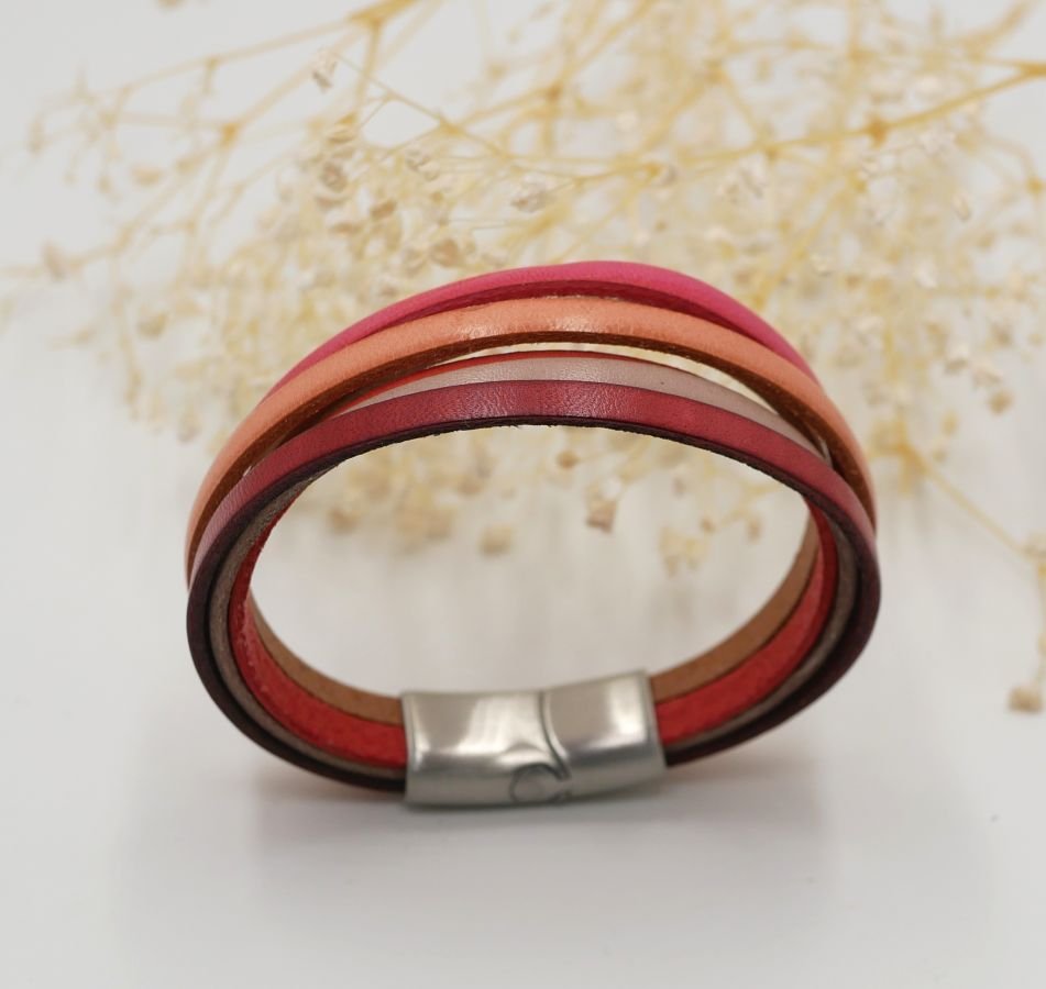 Multi-leren damesarmband in manchet Rood, Perzik, Koraal, Beige