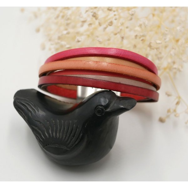 Multi-leren damesarmband in manchet Rood, Perzik, Koraal, Beige