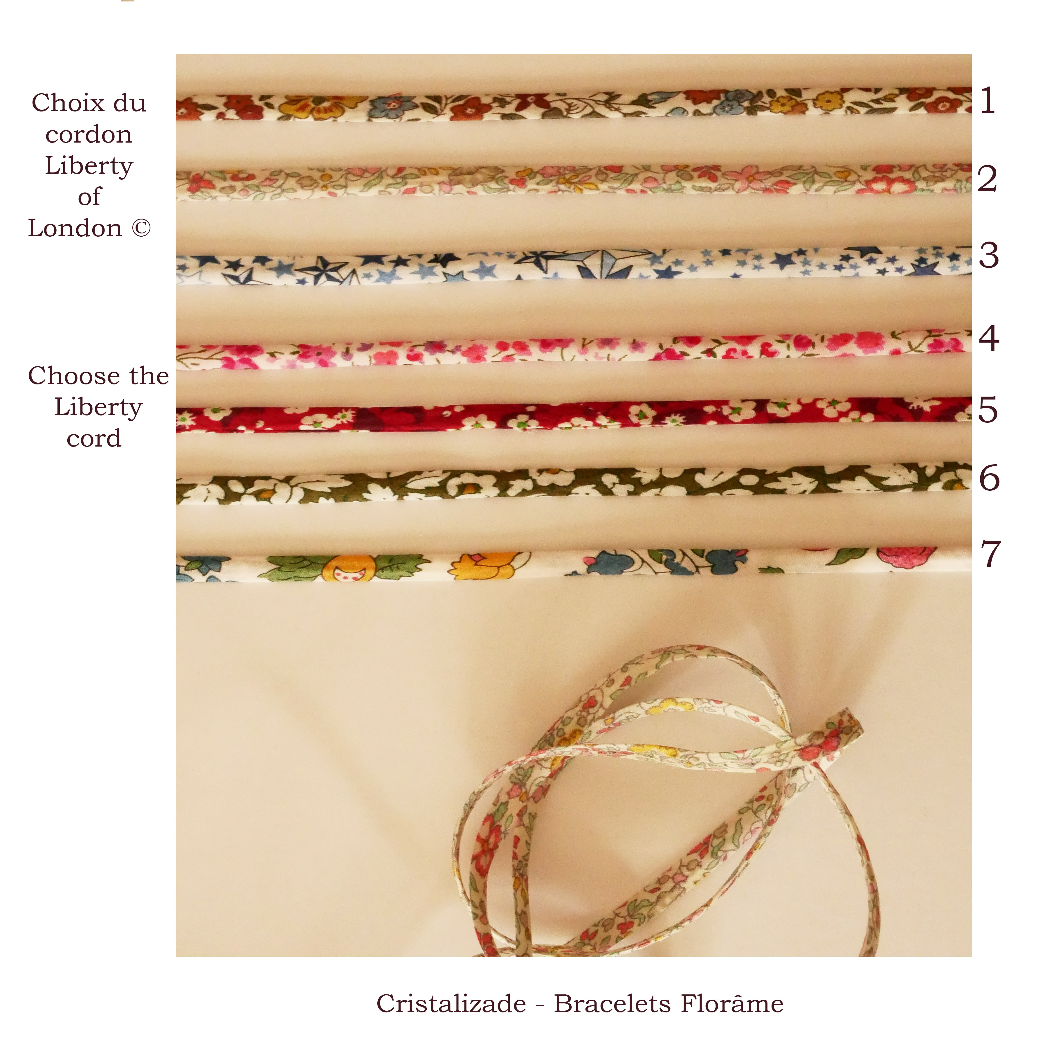 Florâme armband te personaliseren met Liberty koord en lederkleur