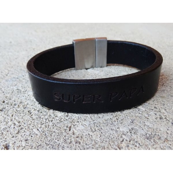 Bracelet Homme en cuir noir magn&eacute;tique &agrave; graver