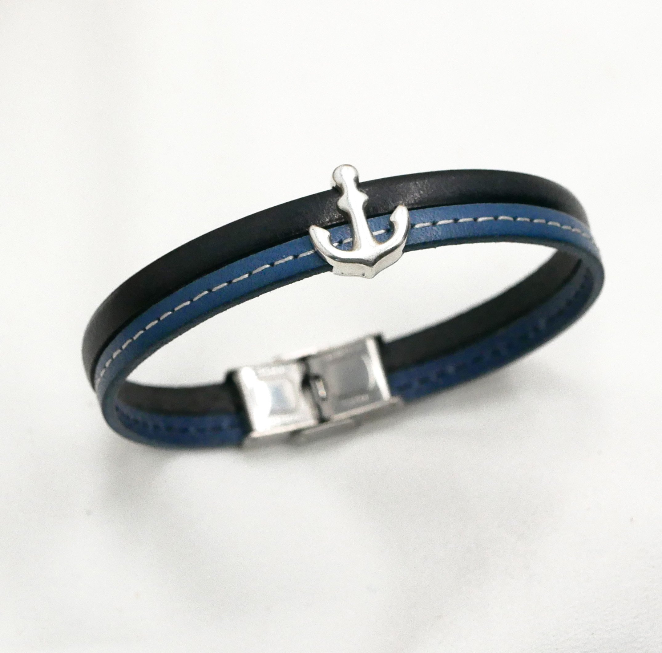 Herenarmband in blauw duo leer met stiksels Aanpasbaar marineanker 