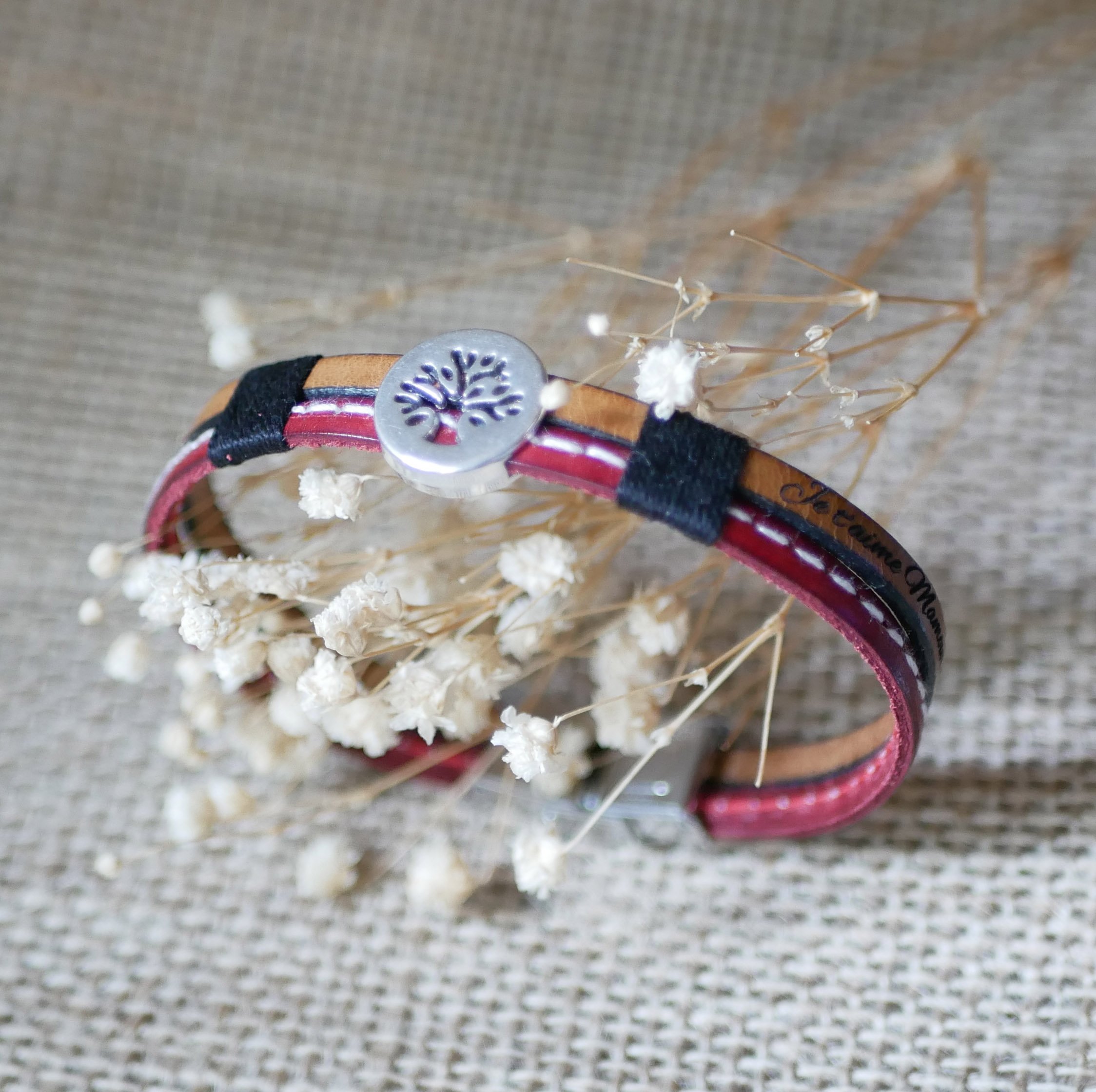 Herenarmband in duo rood leer met stiksels Aanpasbare levensboom 