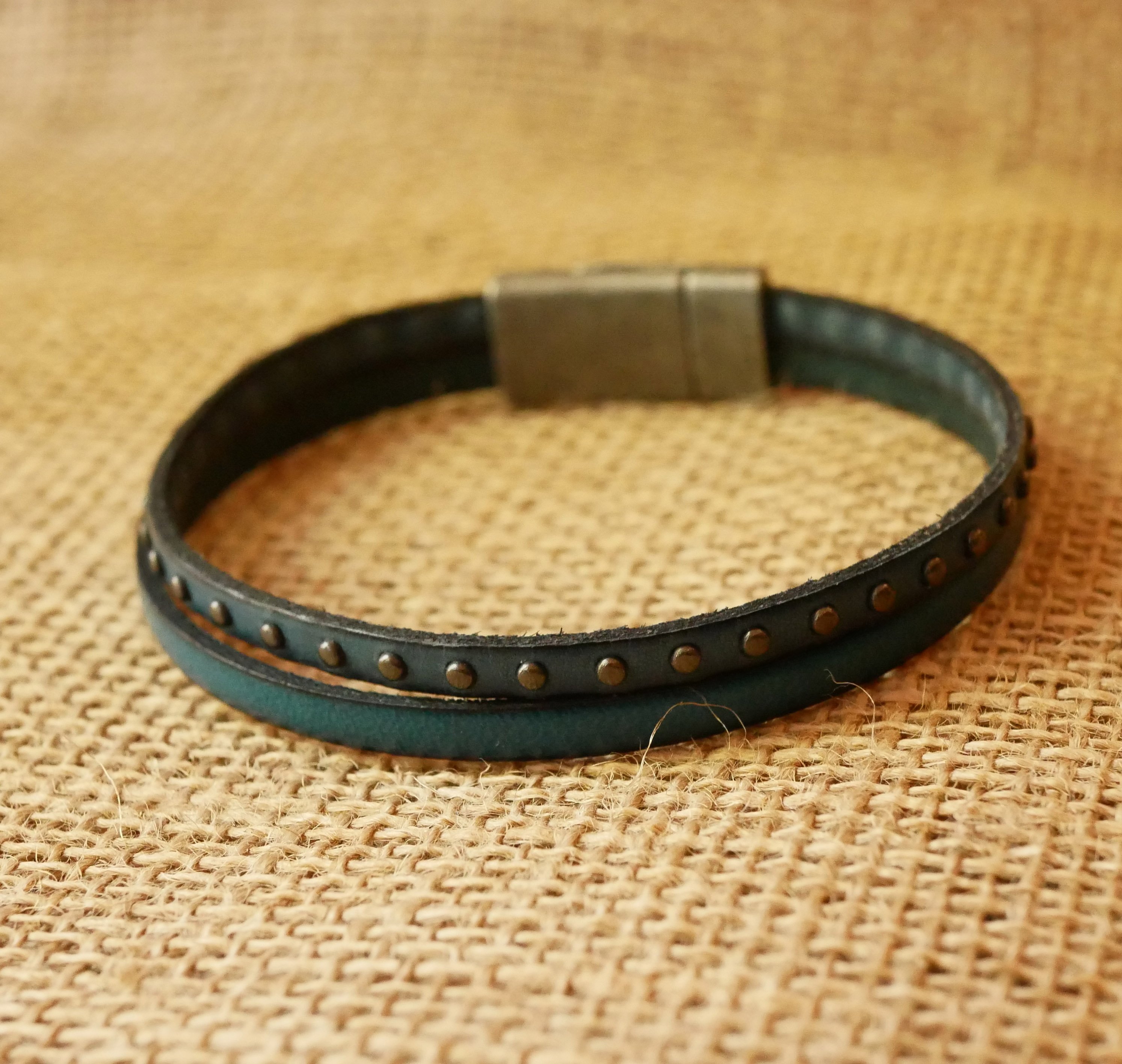Duoarmband in blauw leer voor heren met studs