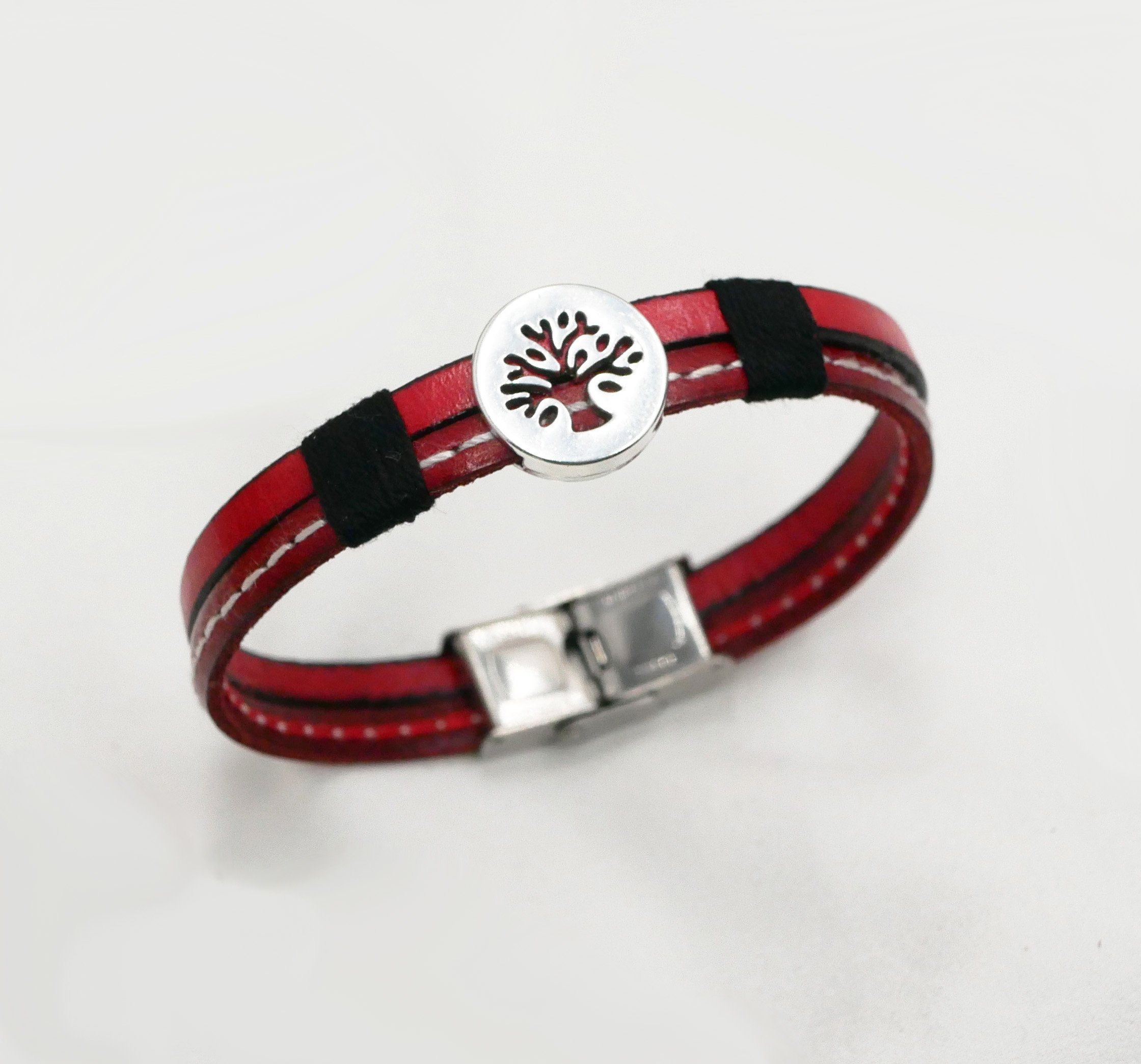 Herenarmband in duo rood leer met stiksels Aanpasbare levensboom 