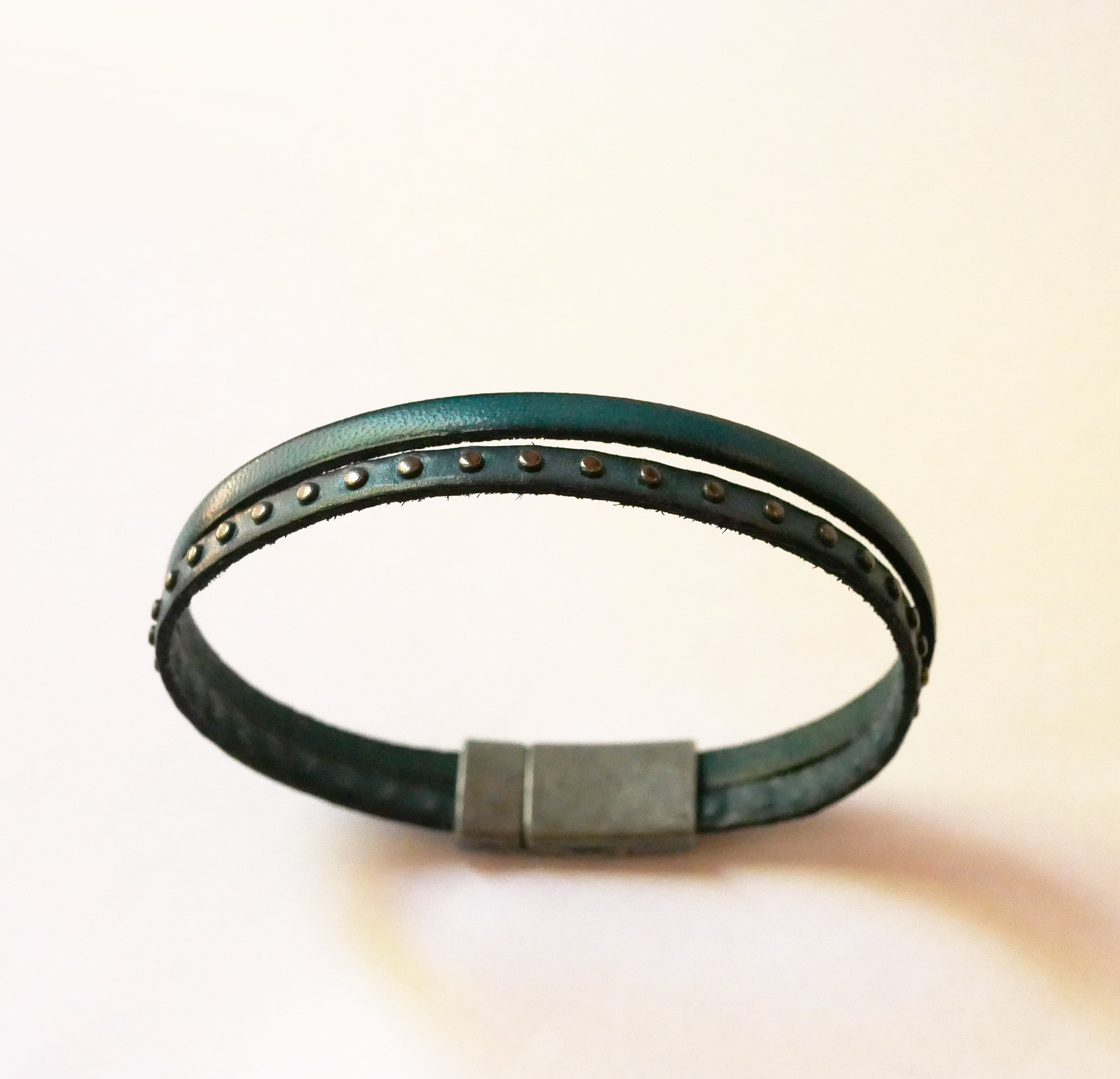 Duoarmband in blauw leer voor heren met studs