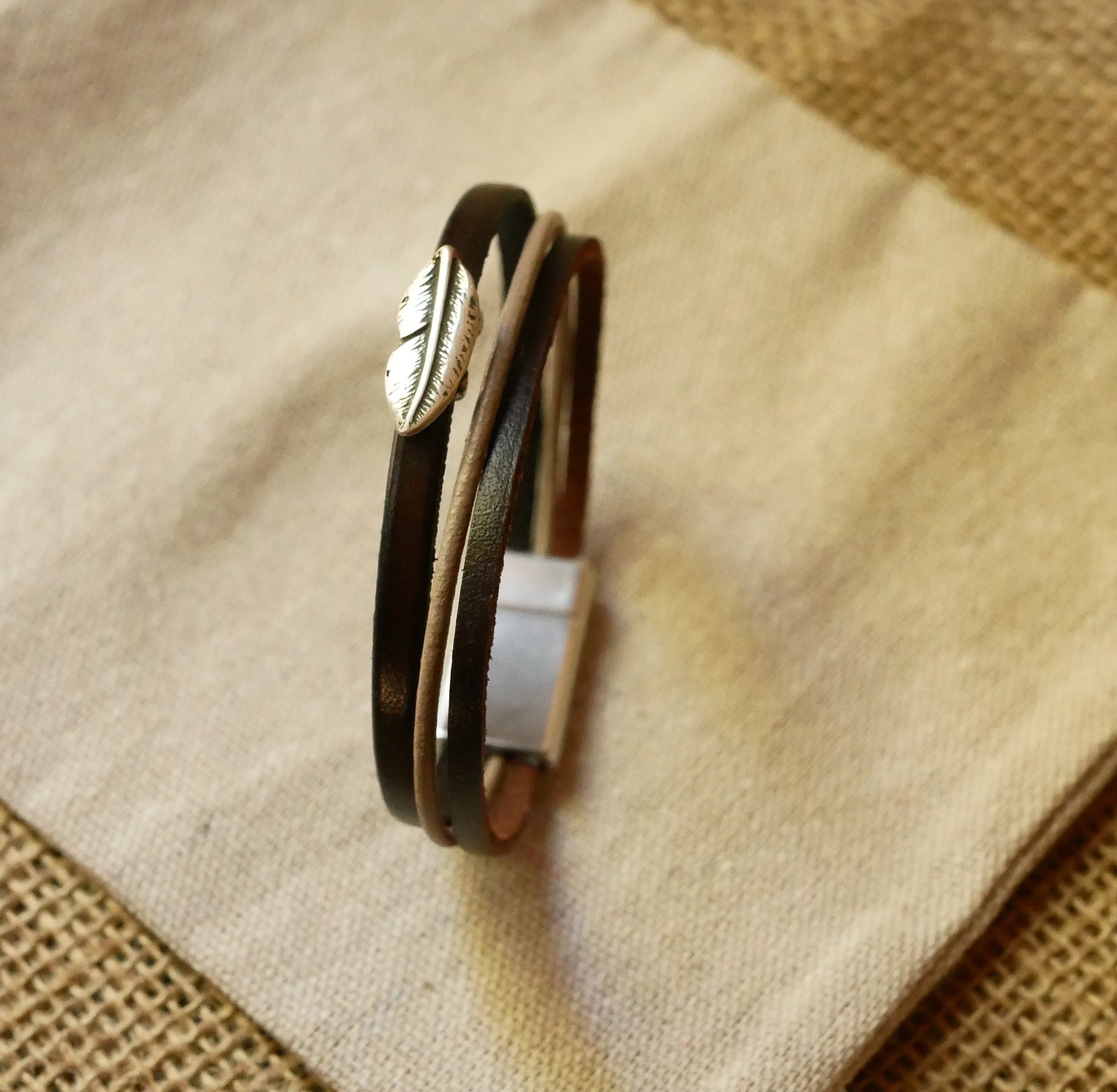 Heren armband manchet trio van vintage bruin leer