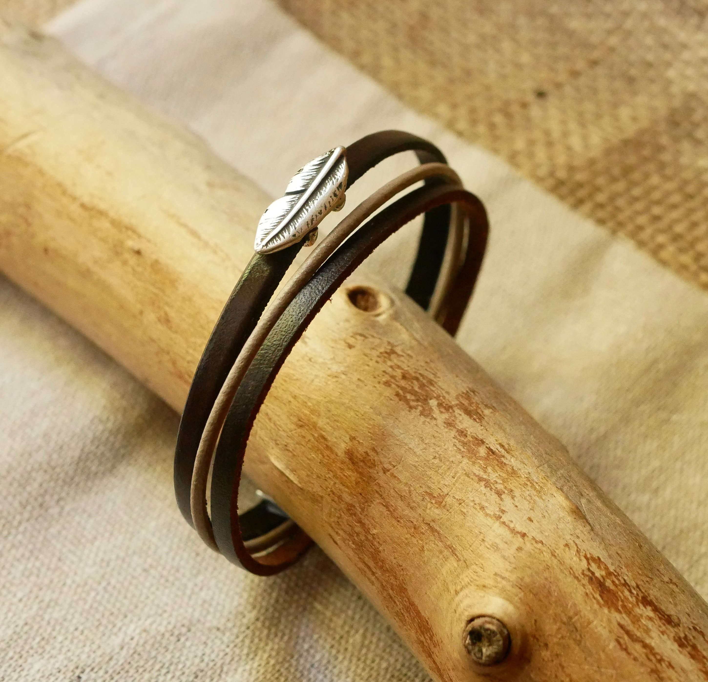 Heren armband manchet trio van vintage bruin leer