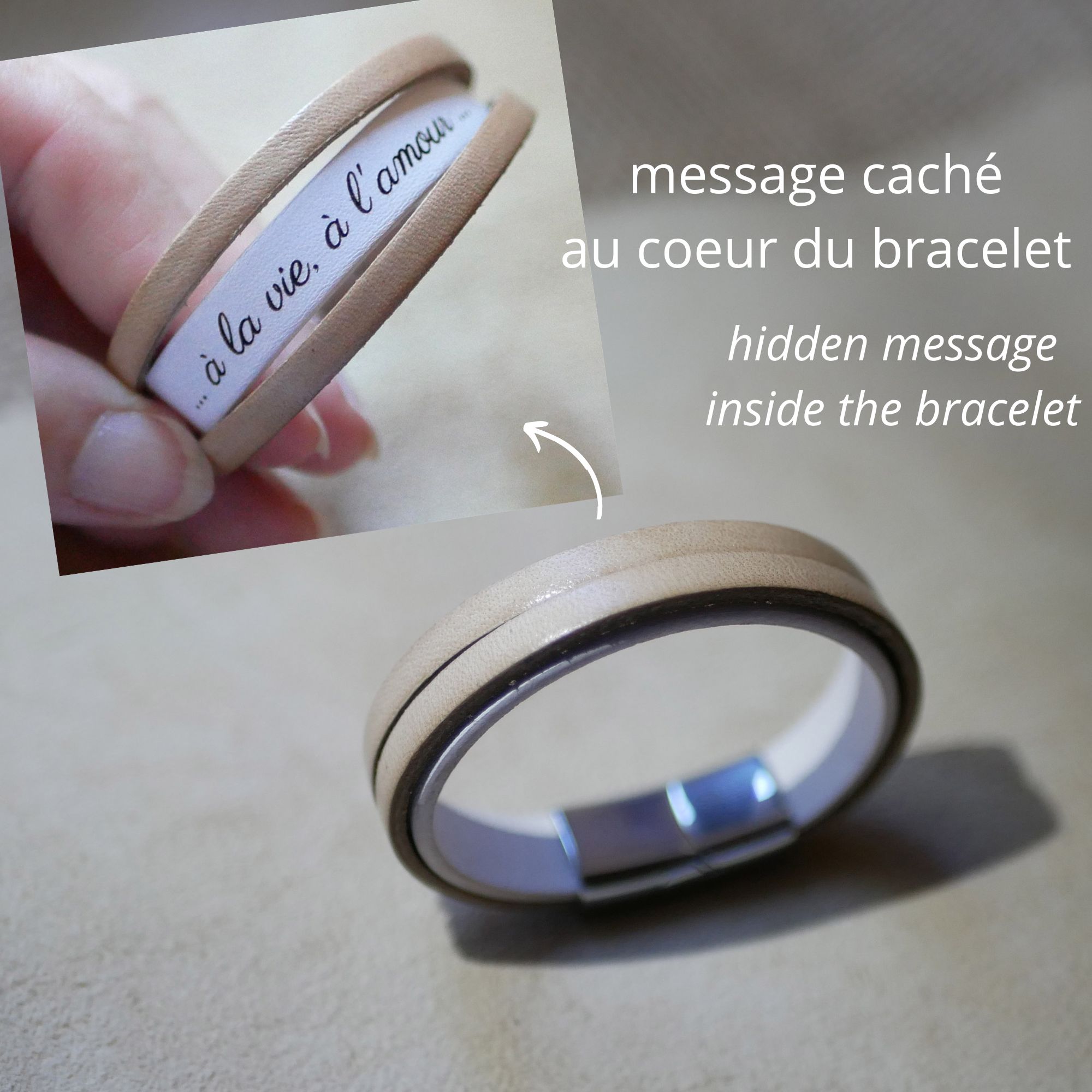 Tweekleurige lederen damesarmband met verborgen gegraveerde boodschap