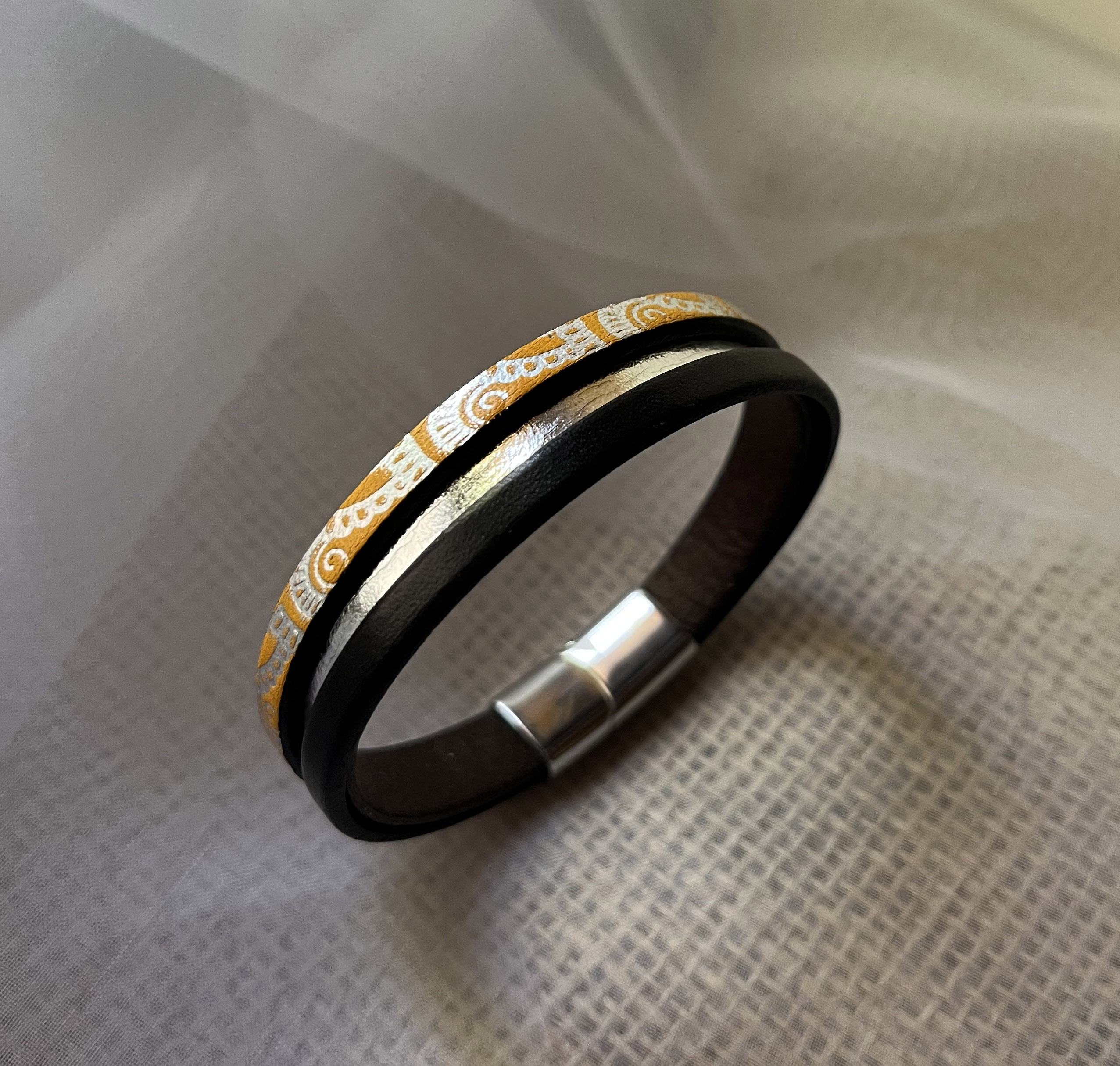 Bracelet manchette femme aux 3 cuirs orange argenté  fermoir à extension