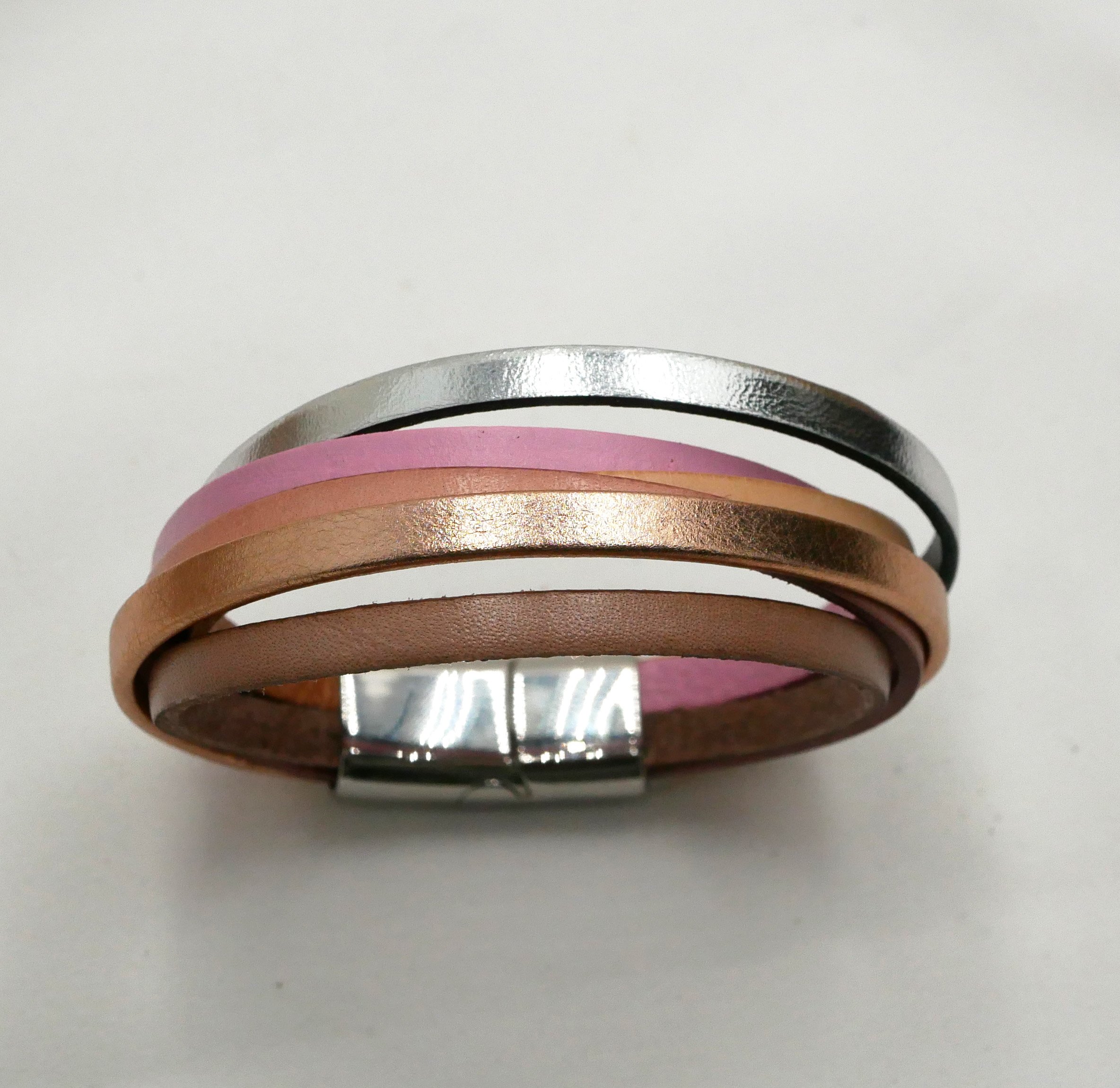 Multi-lederen manchetarmband, koperkleurig perzikkleurig