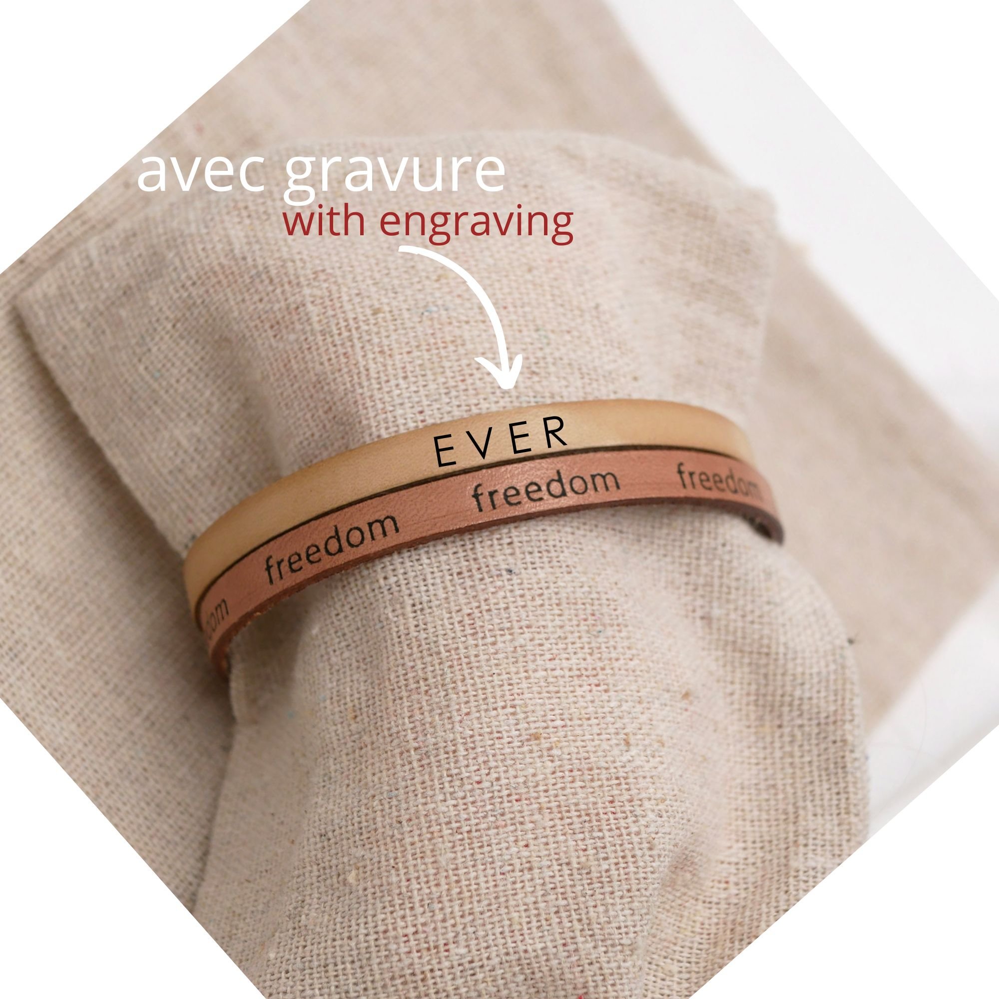 Gemengde armband van twee leer in natuurlijk beige Vrijheid graveren om te personaliseren