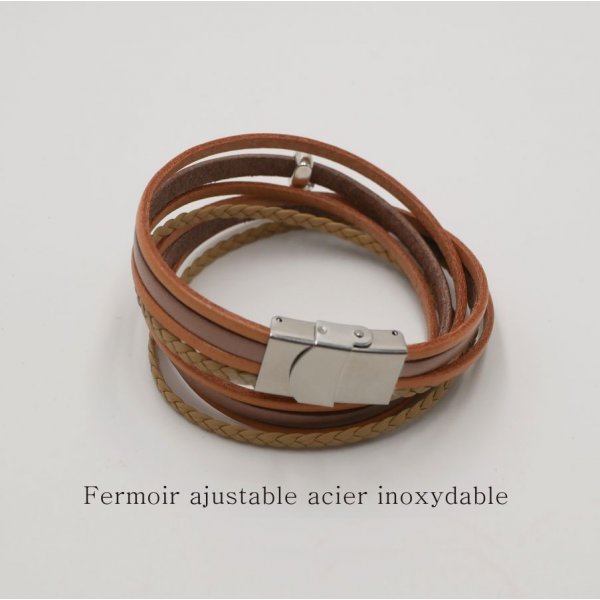 Aanpasbare multi lederen armband met beige hanger 