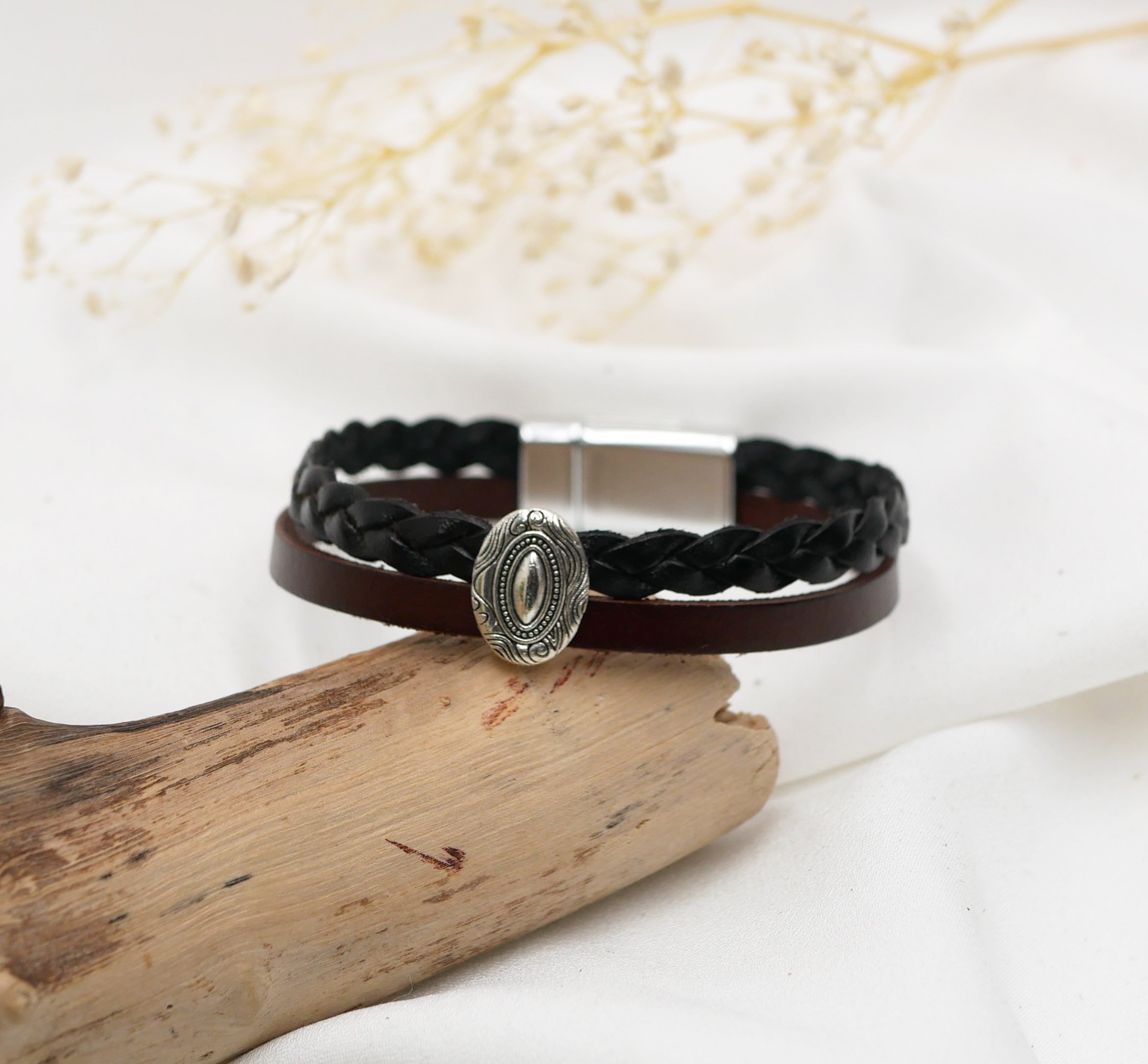 Medaillon armband duo zwart en bruin vintage geweven leer met magnetische sluiting