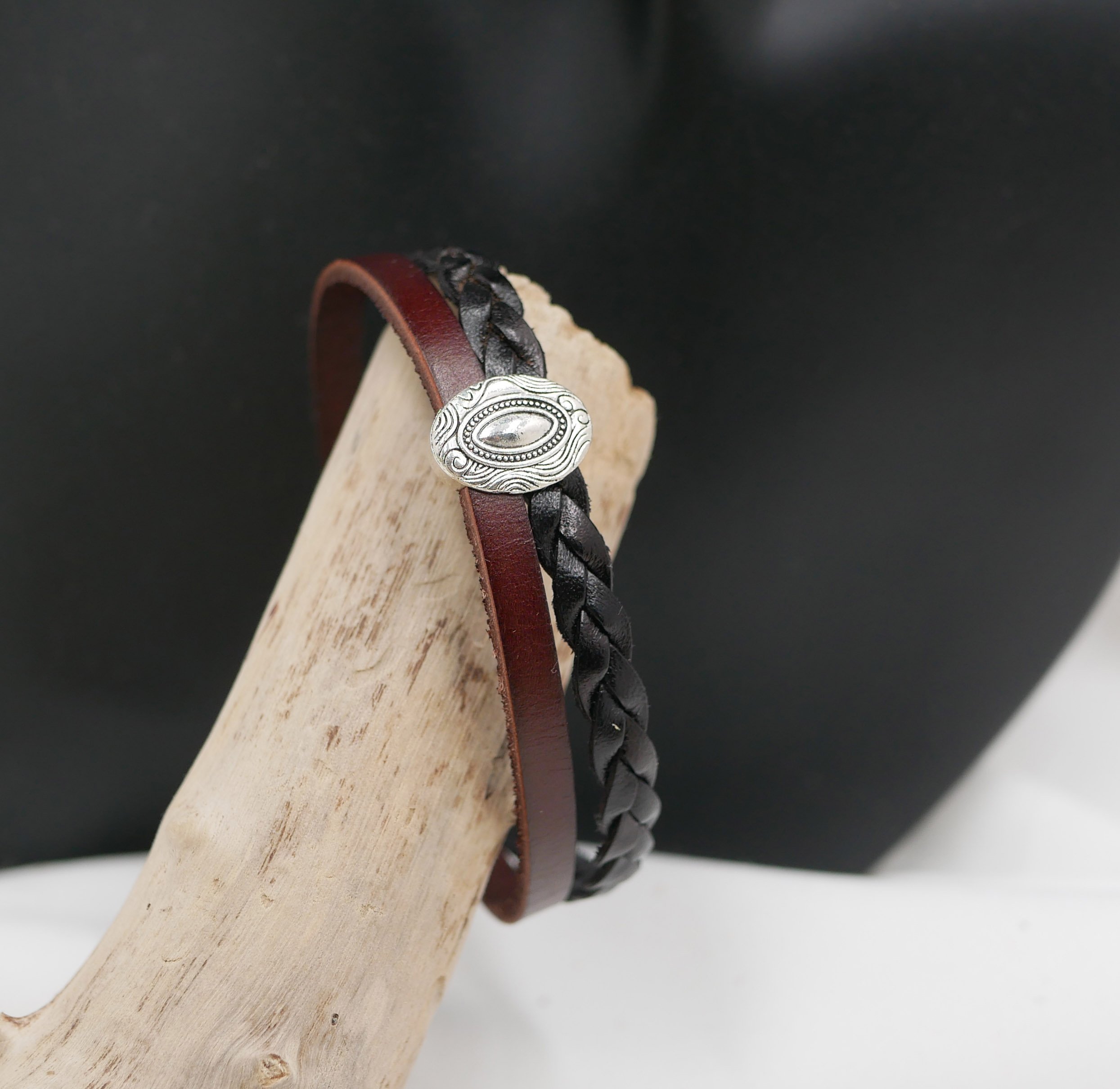 Medaillon armband duo zwart en bruin vintage geweven leer met magnetische sluiting