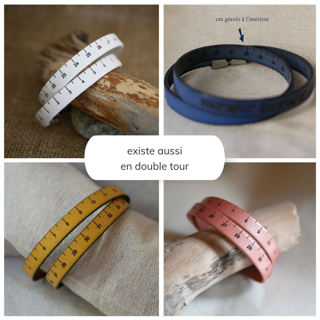 Naaimeterarmband van leer, gegraveerd in cm en aanpasbaar op de achterkant