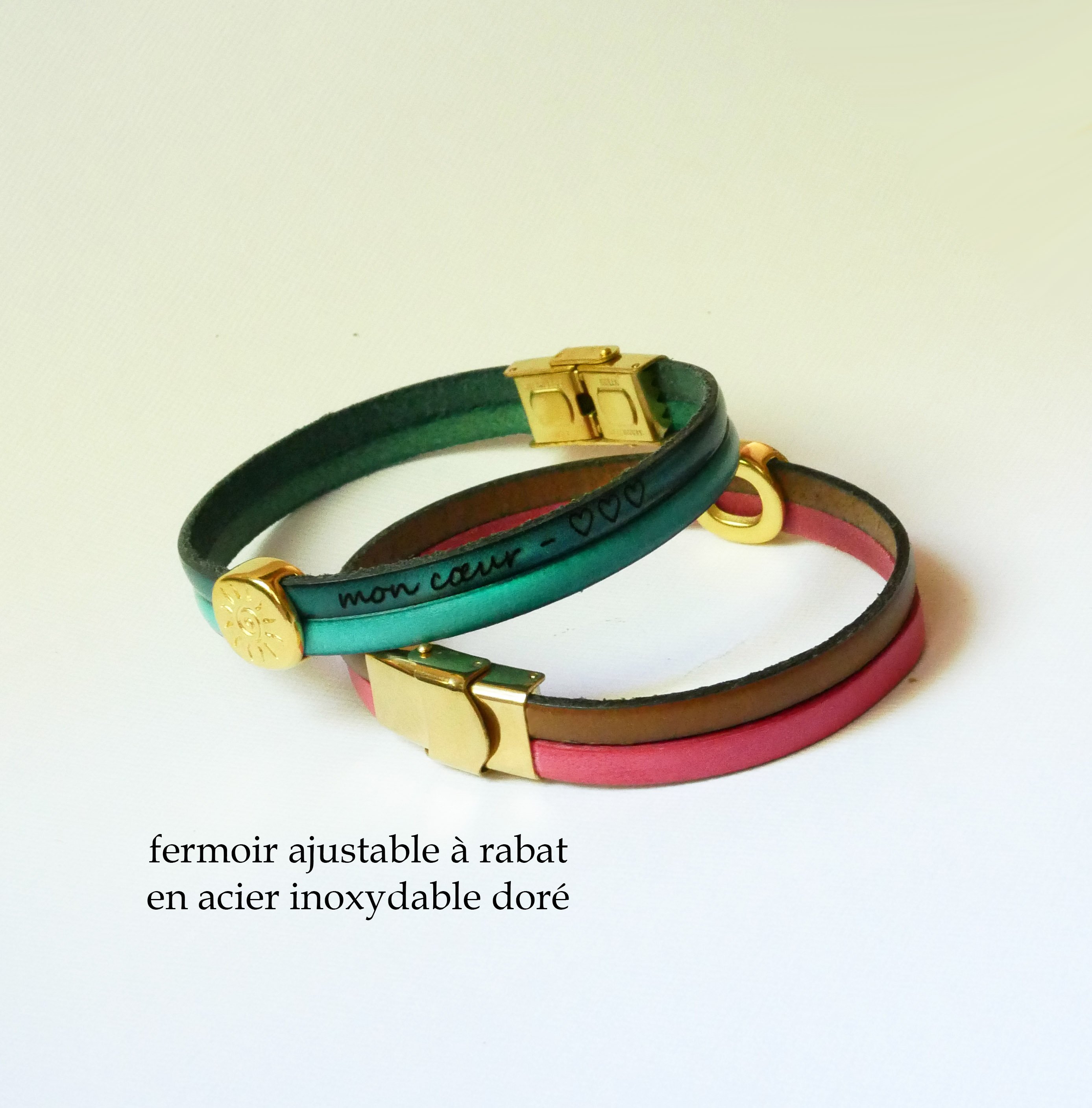 Soleil gouden armband op een duo van leer om te personaliseren en graveren