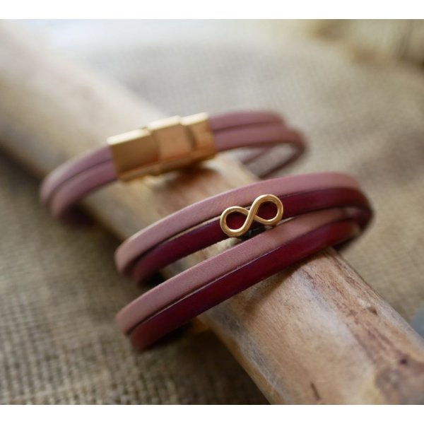 Gouden armband met oneindigheidssymbool in 2 leren om te personaliseren  