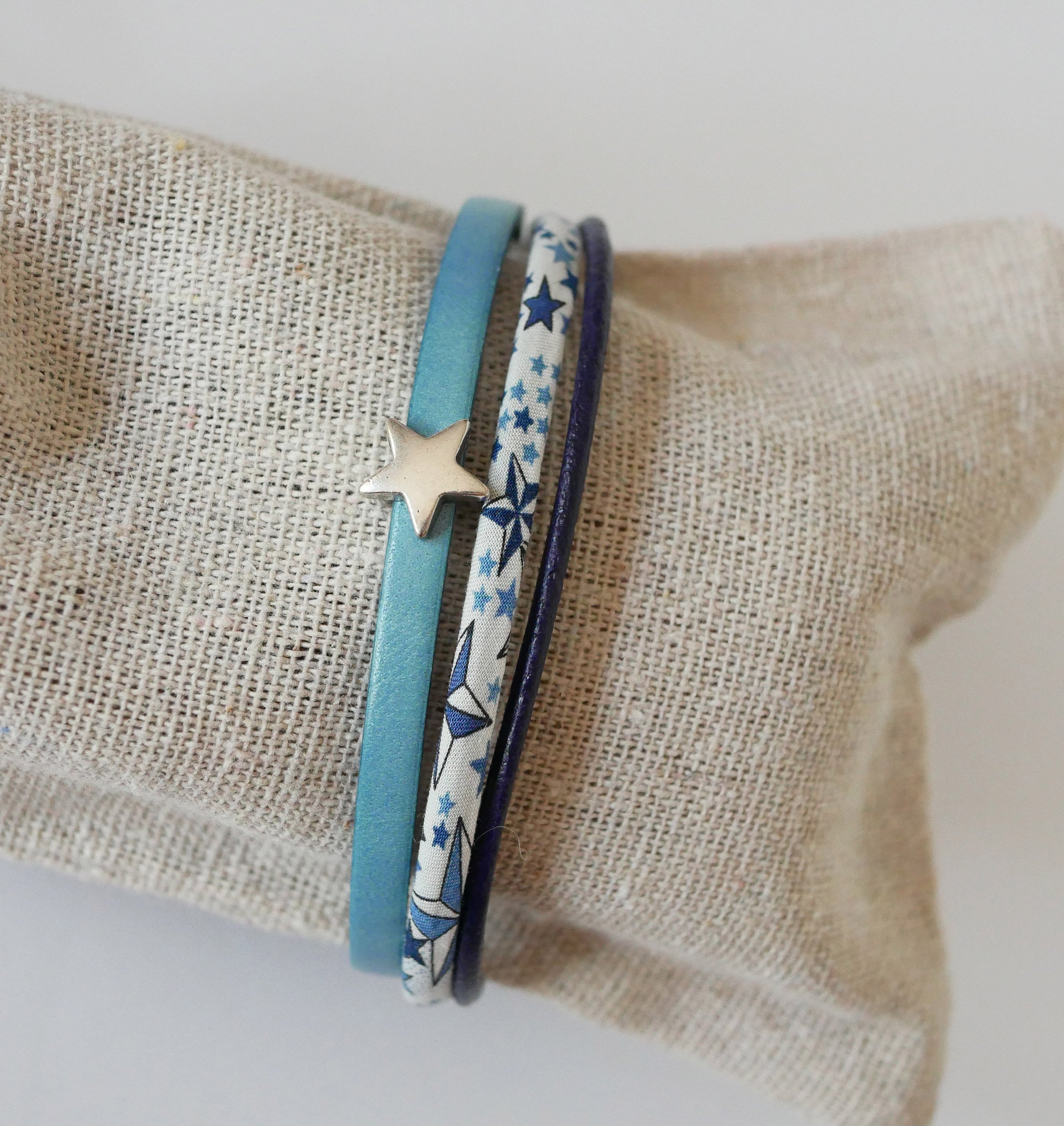Trio van leer en Liberty koord armband met blauwe sterren