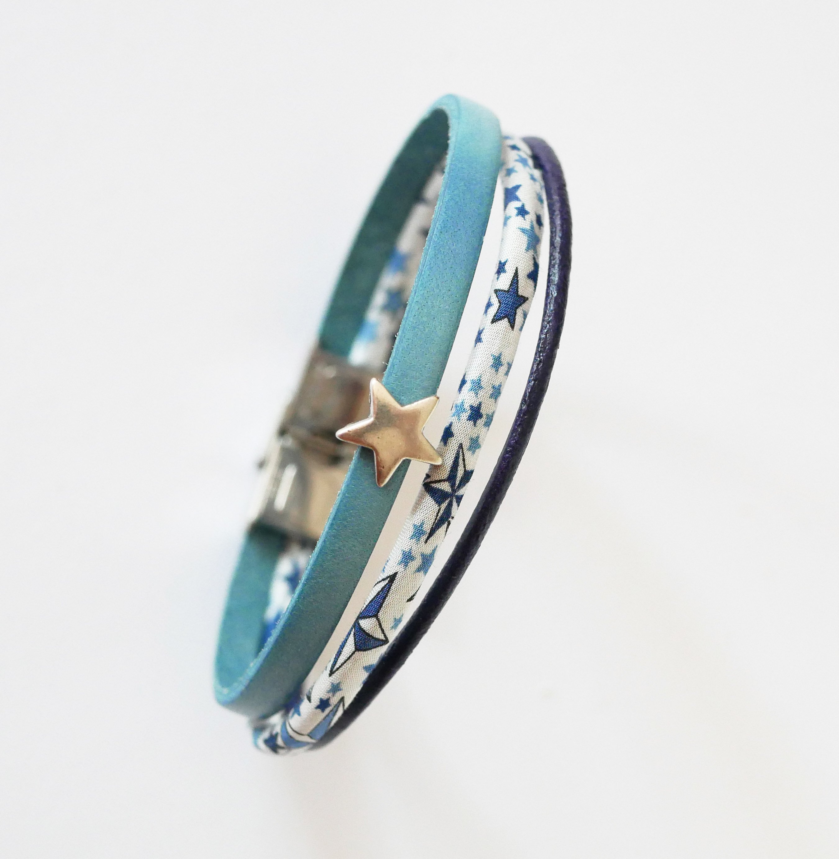 Trio van leer en Liberty koord armband met blauwe sterren